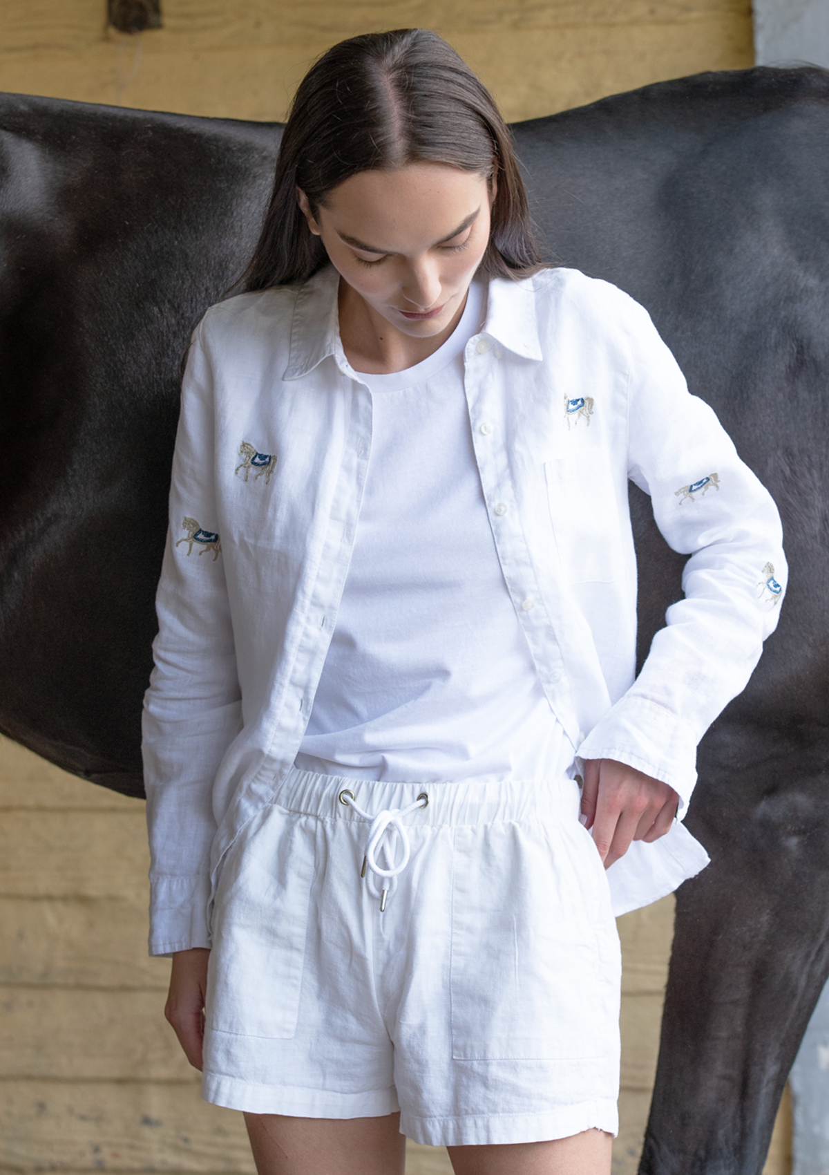 Sundown Embroidered Horses Linen Shirt | White - Rönner