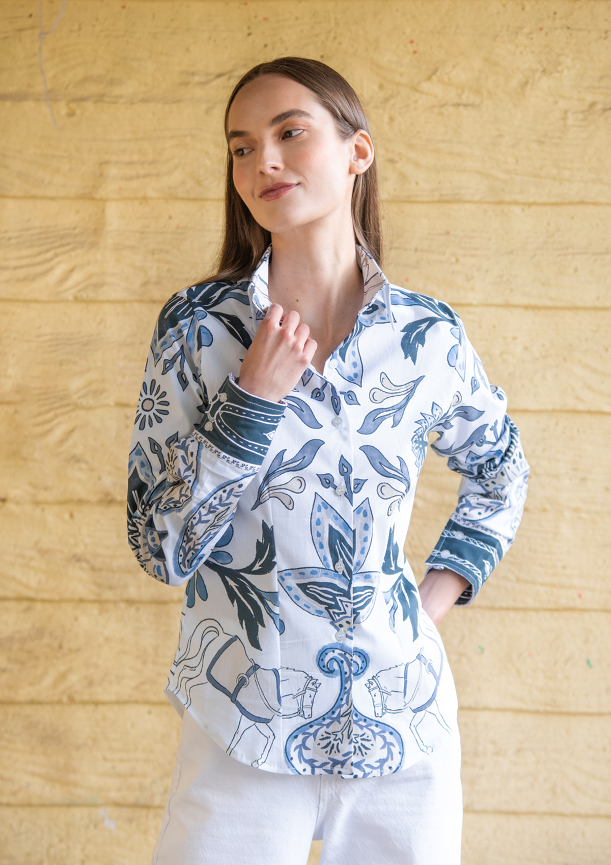 Luciana Cotton Shirt |  Lilyrose Print | White & Navy - Rönner