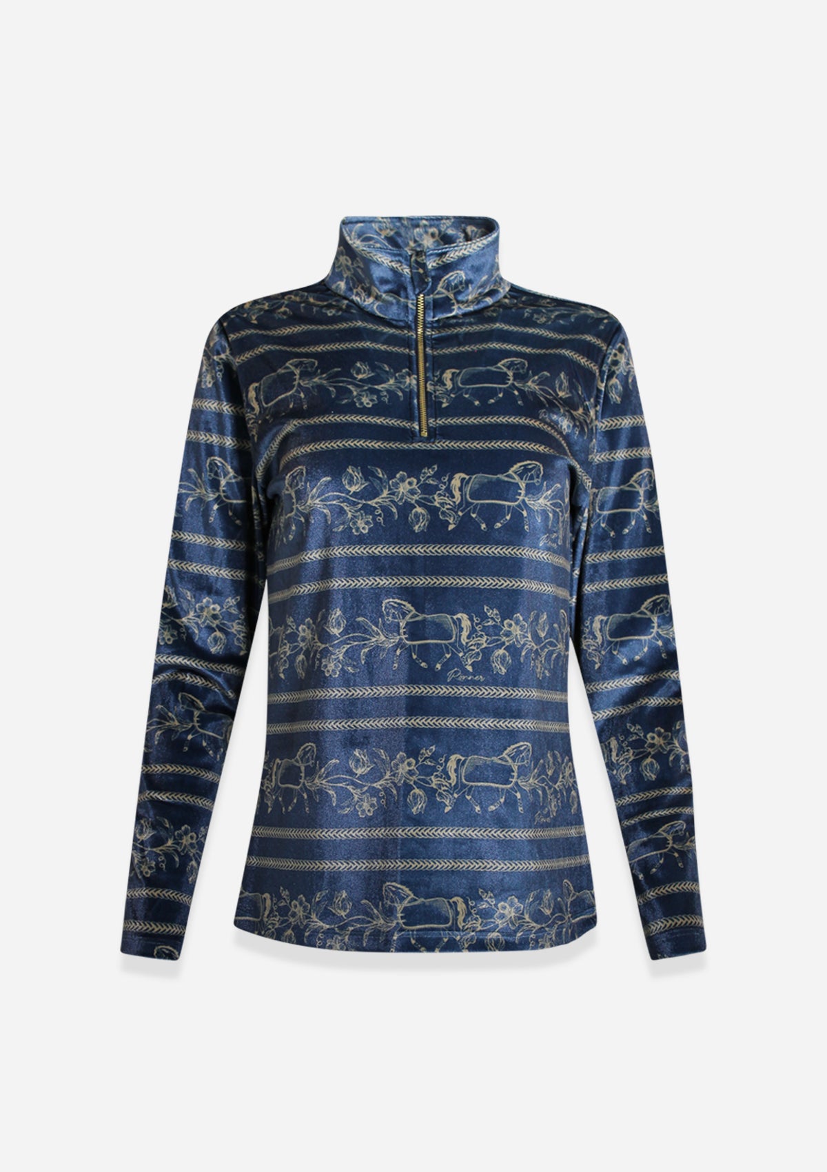 Velour Q-Zip Velvet Stretch | Long Sleeve | Dancing Horses Print | Navy