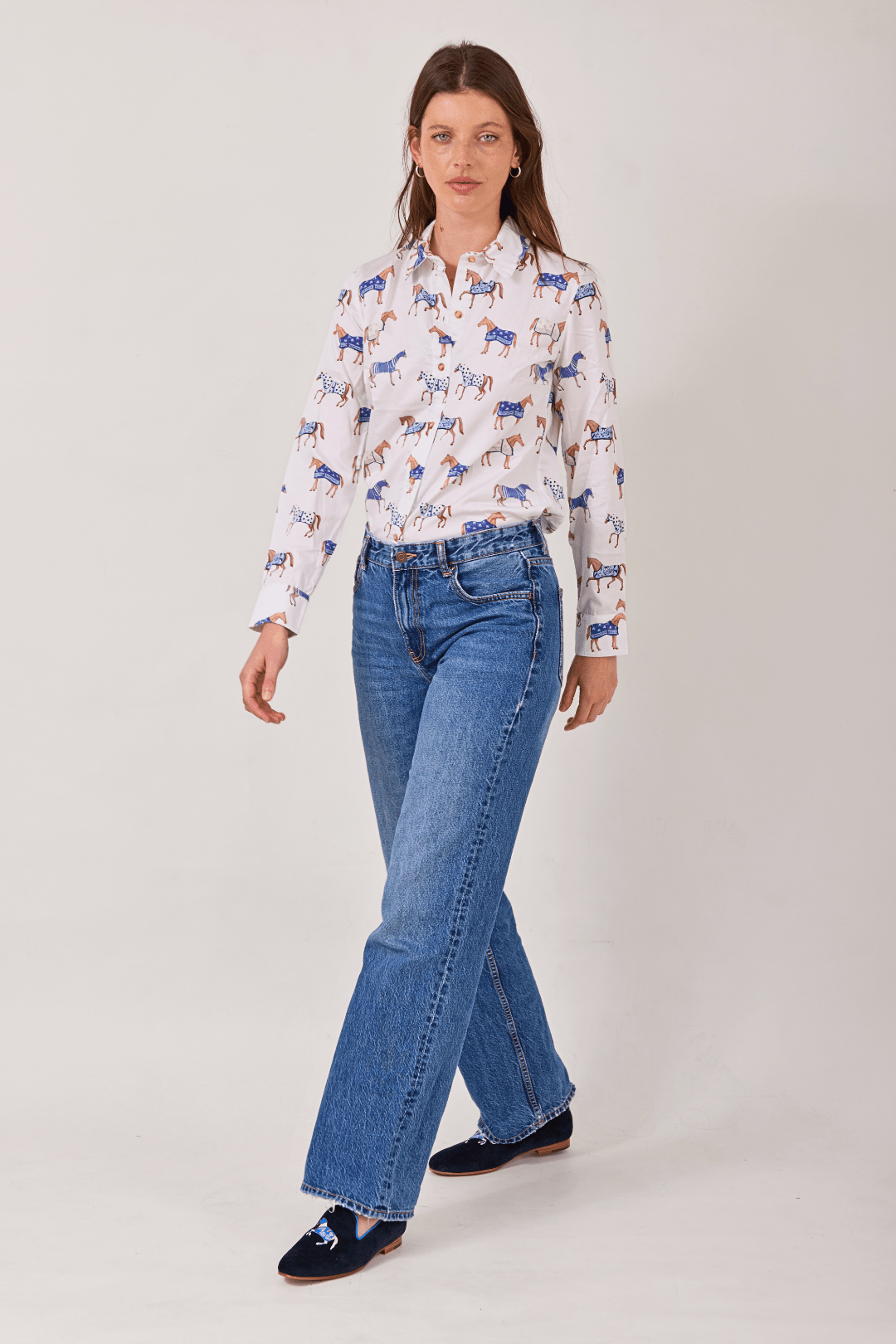 Wellington Cotton Shirt | Poise Print - RönnerWhite & Blue Horses