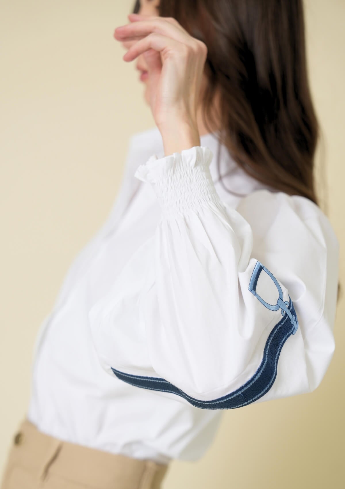 Connie Shirt | White | Embroidered Blue Stirrup