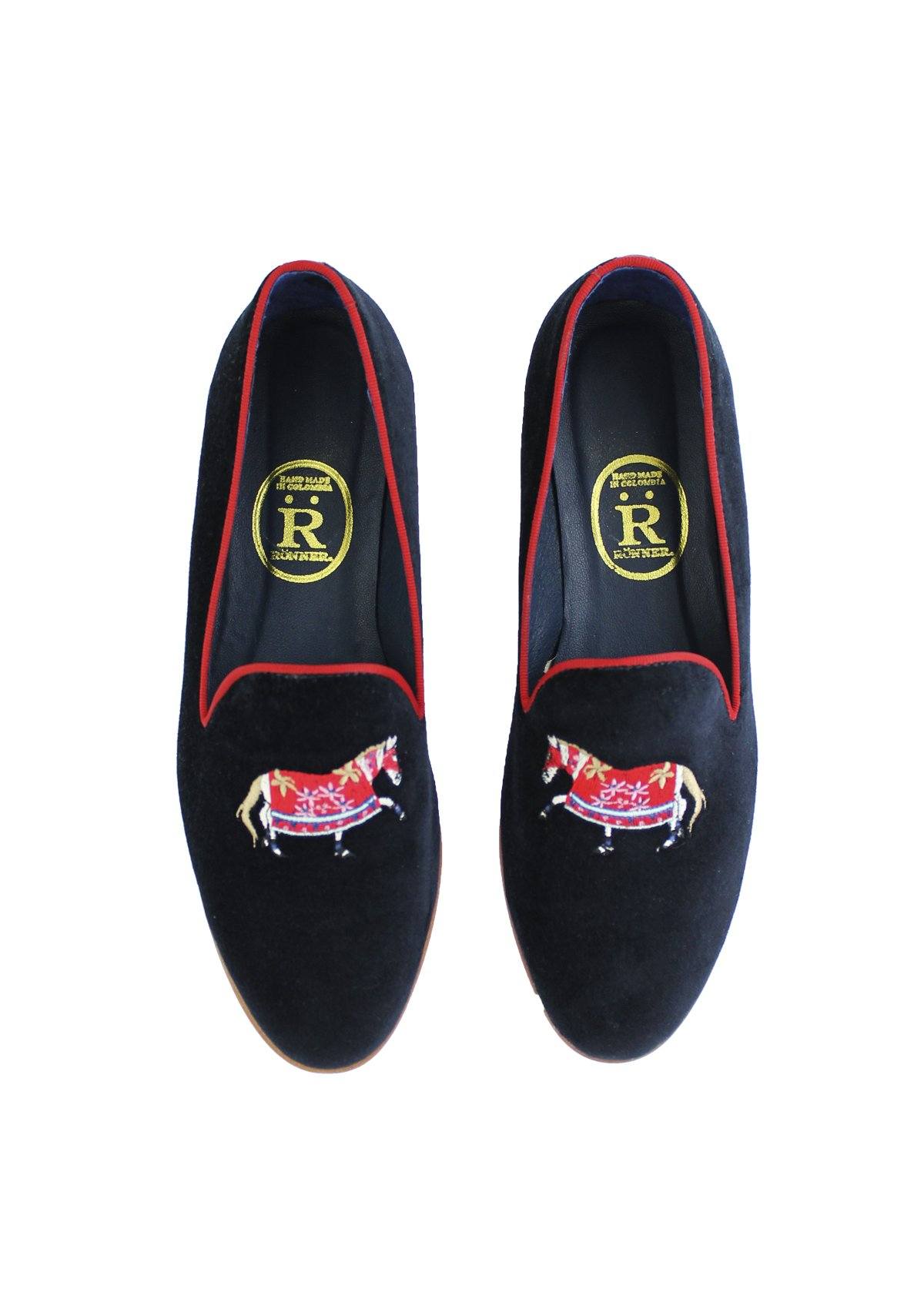 Mimosa Slippers Araminta Horse | Navy and red embroidery - Rönner