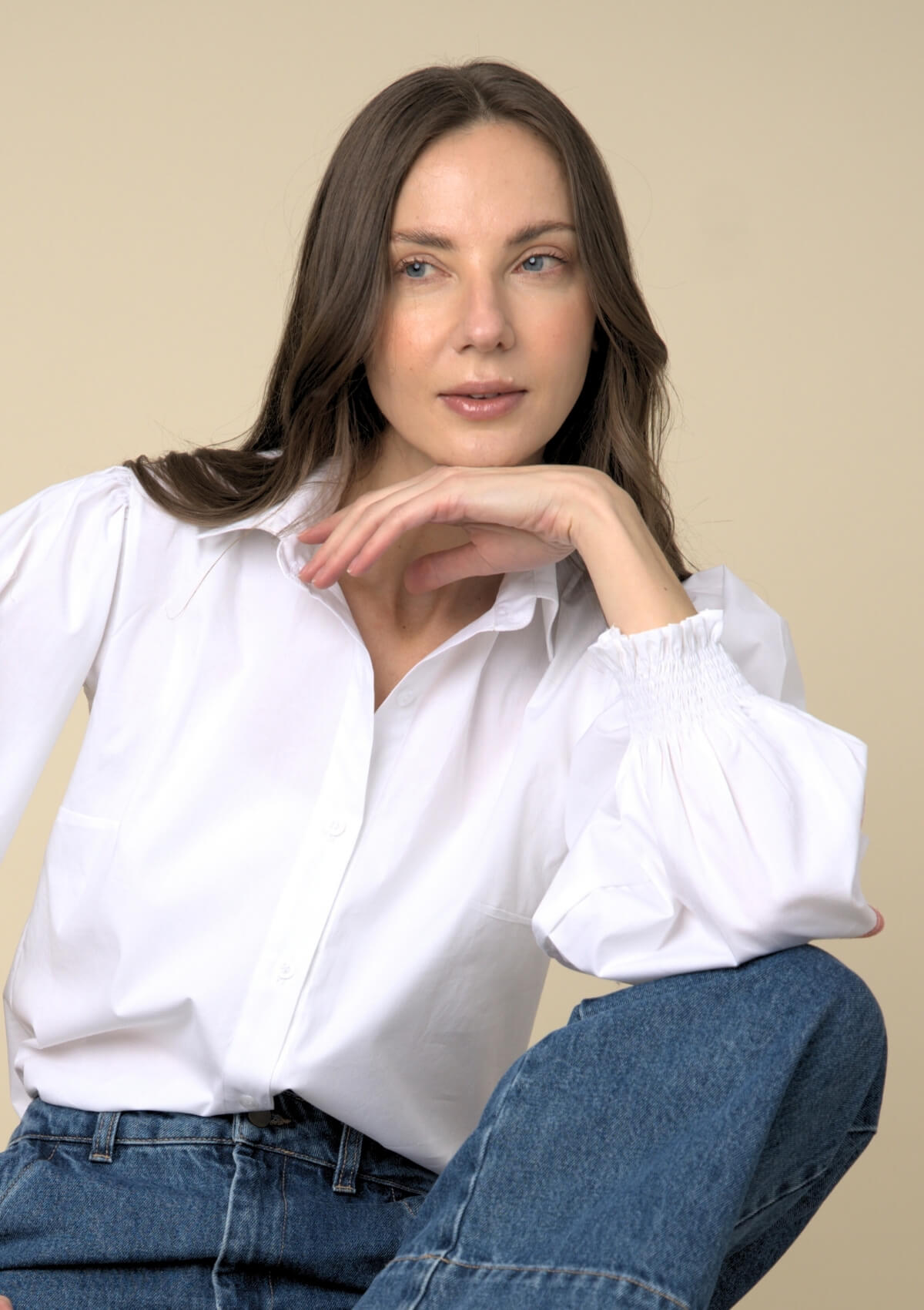 Connie Shirt | White | Embroidered Blue Stirrup