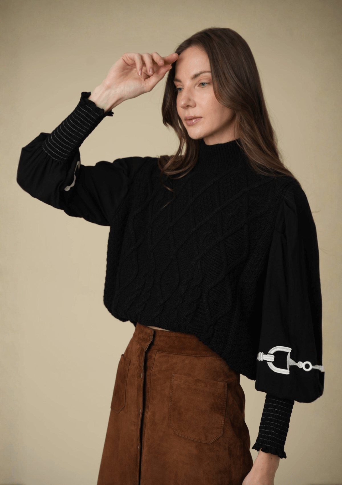 Ellie Cable Knit Sweater | Embroidered | Black