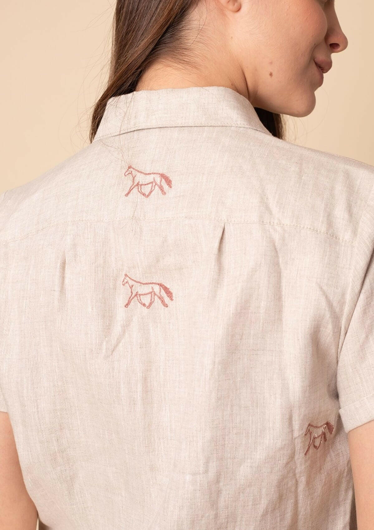 Sundown Linen Shirt | Short Sleeve | Embroidered Horses | White