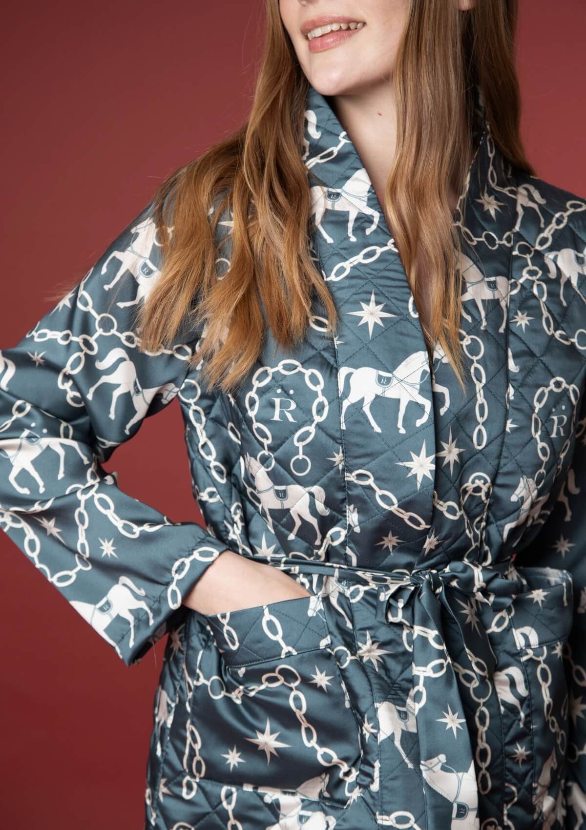 Celeste Quilted Robe | Long Sleeve | Magical Horse Print | Evergreen