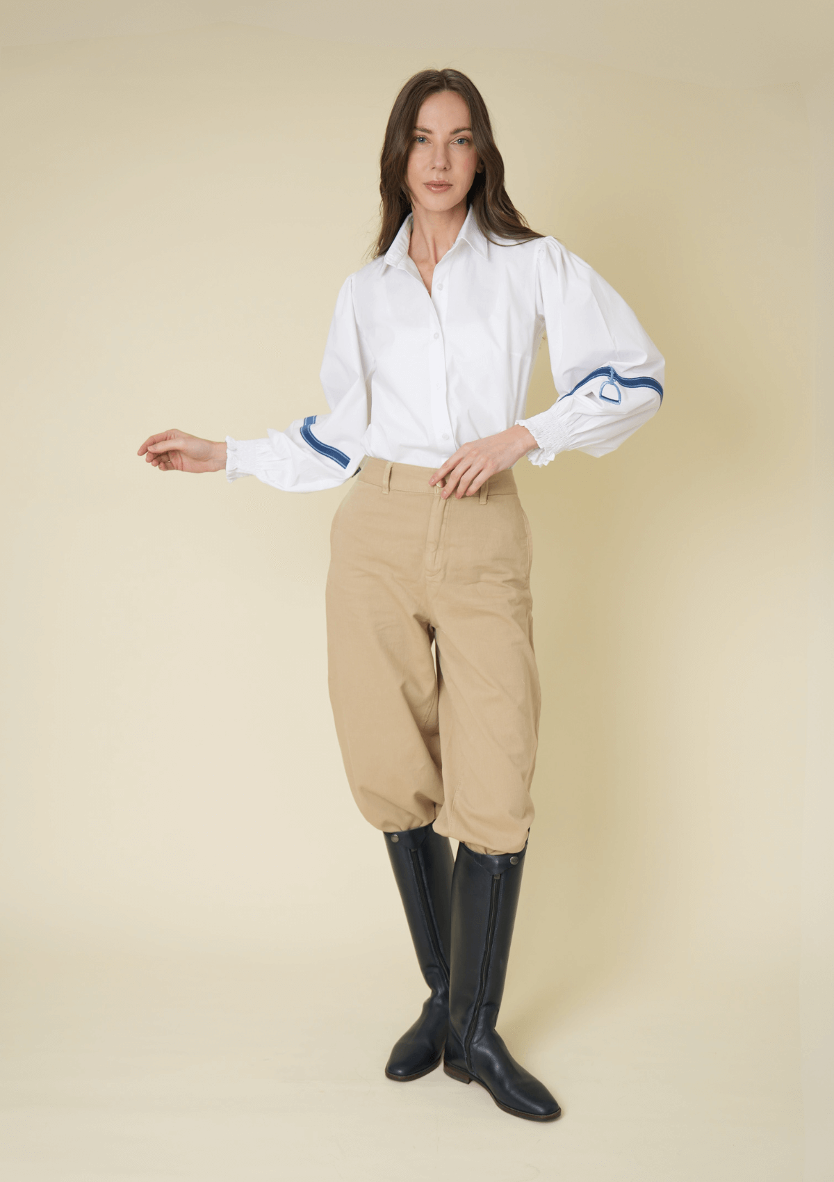 Connie Shirt | White | Embroidered Blue Stirrup