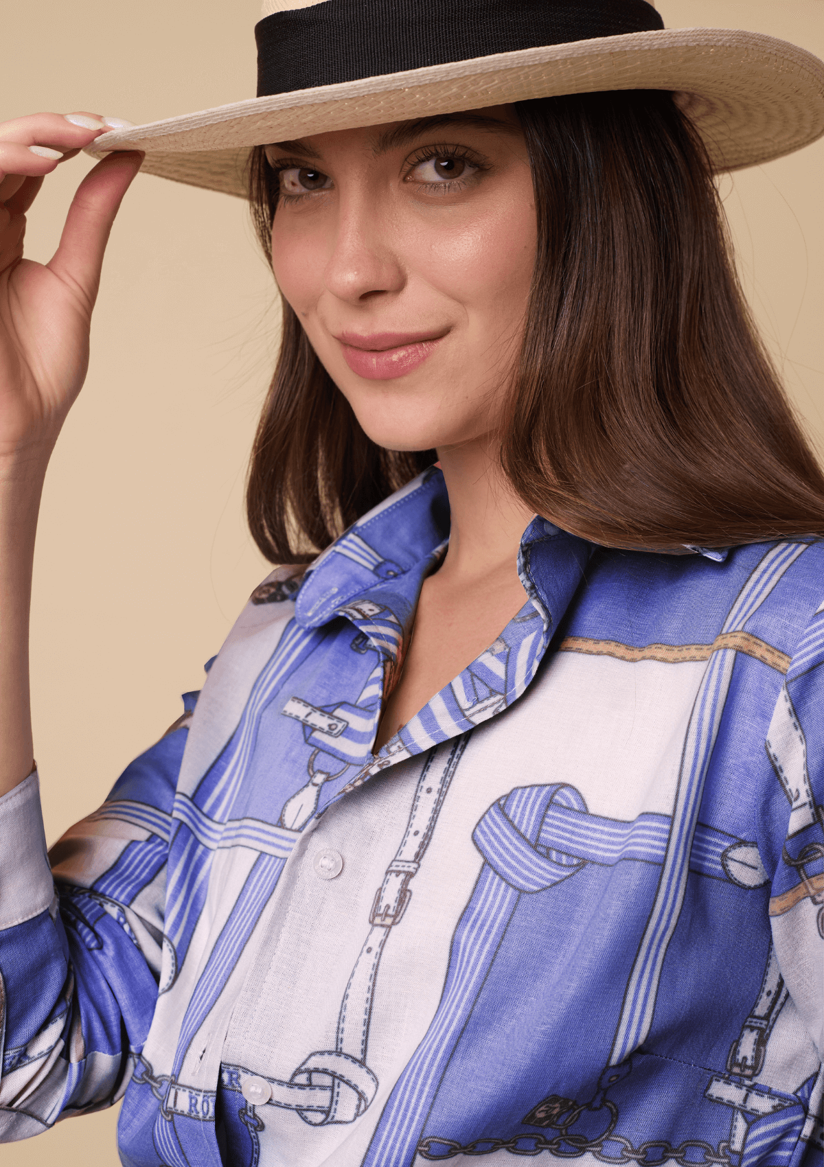 Basic Linen Shirt | Jubilea Print | Blue & Nude