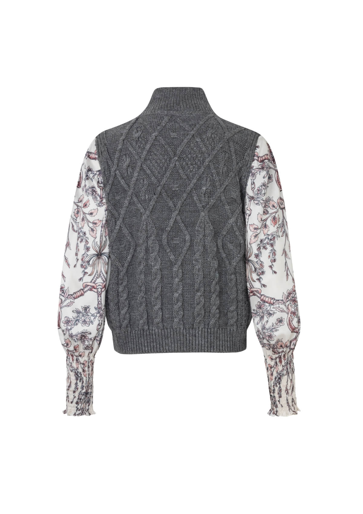Ellie Cable Knit Sweater with Printed Sleeves | Grey and Equiflora Sleeves