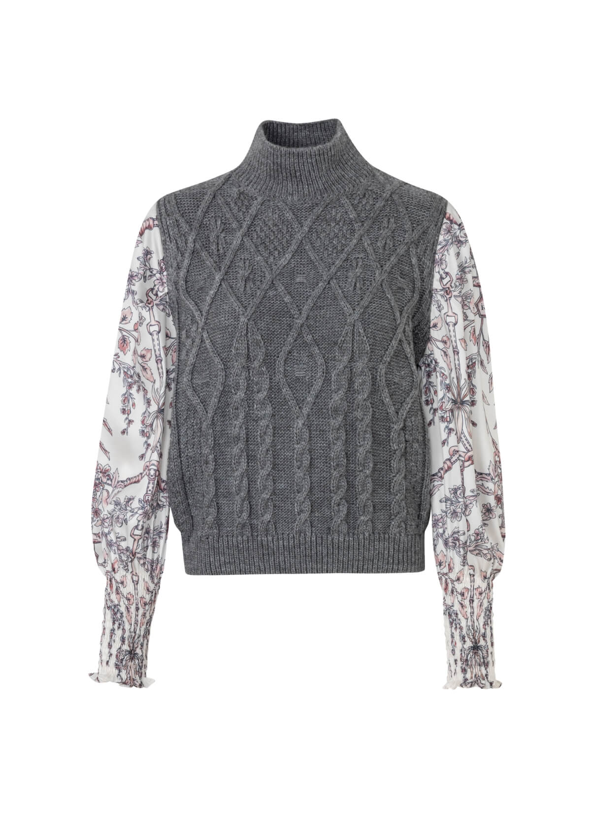 Ellie Cable Knit Sweater with Printed Sleeves | Grey and Equiflora Sleeves