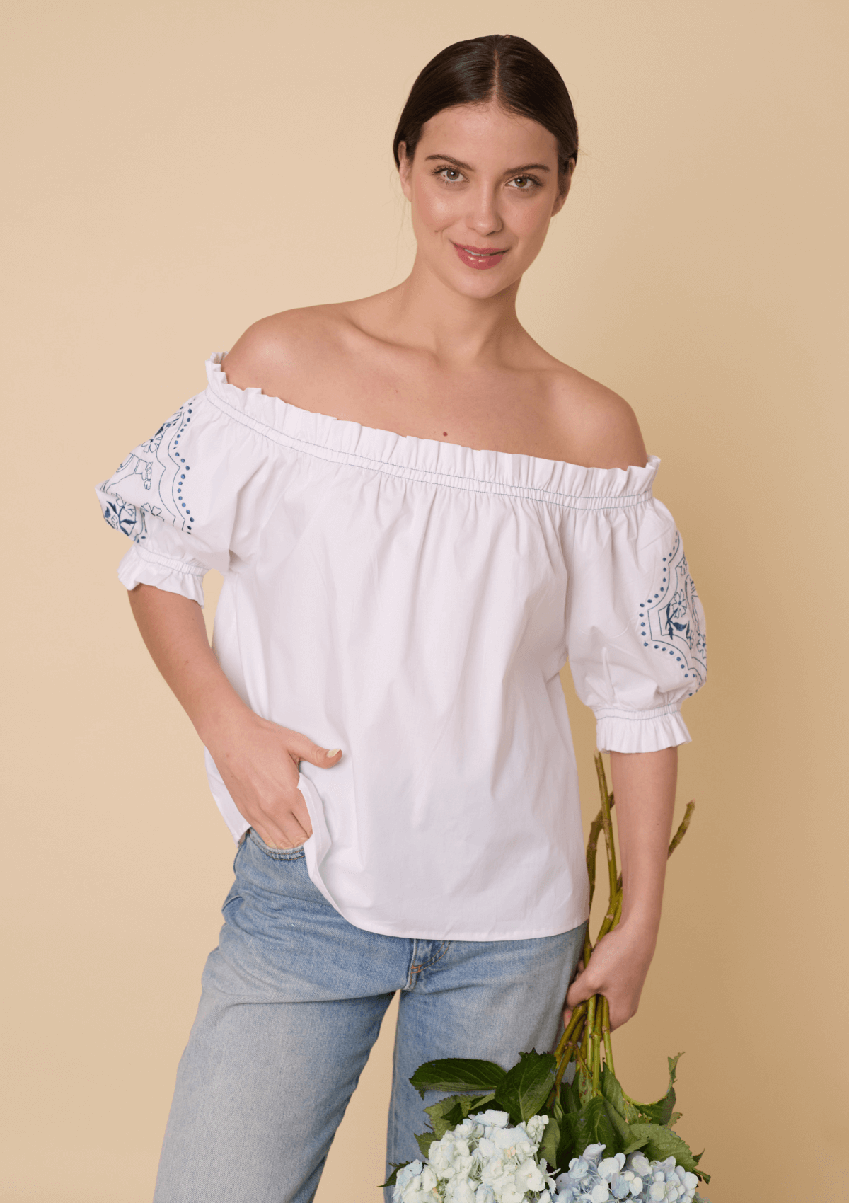 Clarisse Embroidered Off-Shoulder Shirt | White