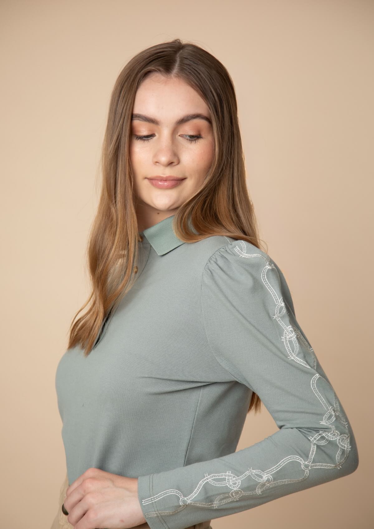 Elise Polo-Shirt | Long Sleeves Embroidered | Sage