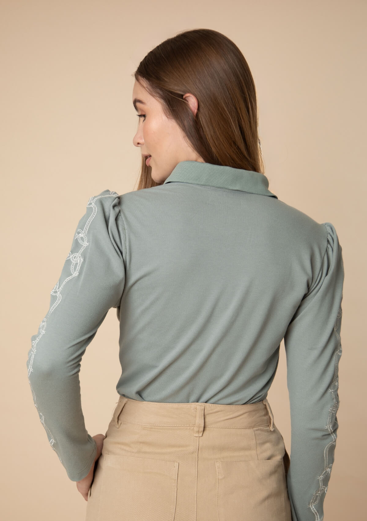 Elise Polo-Shirt | Long Sleeves Embroidered | Sage