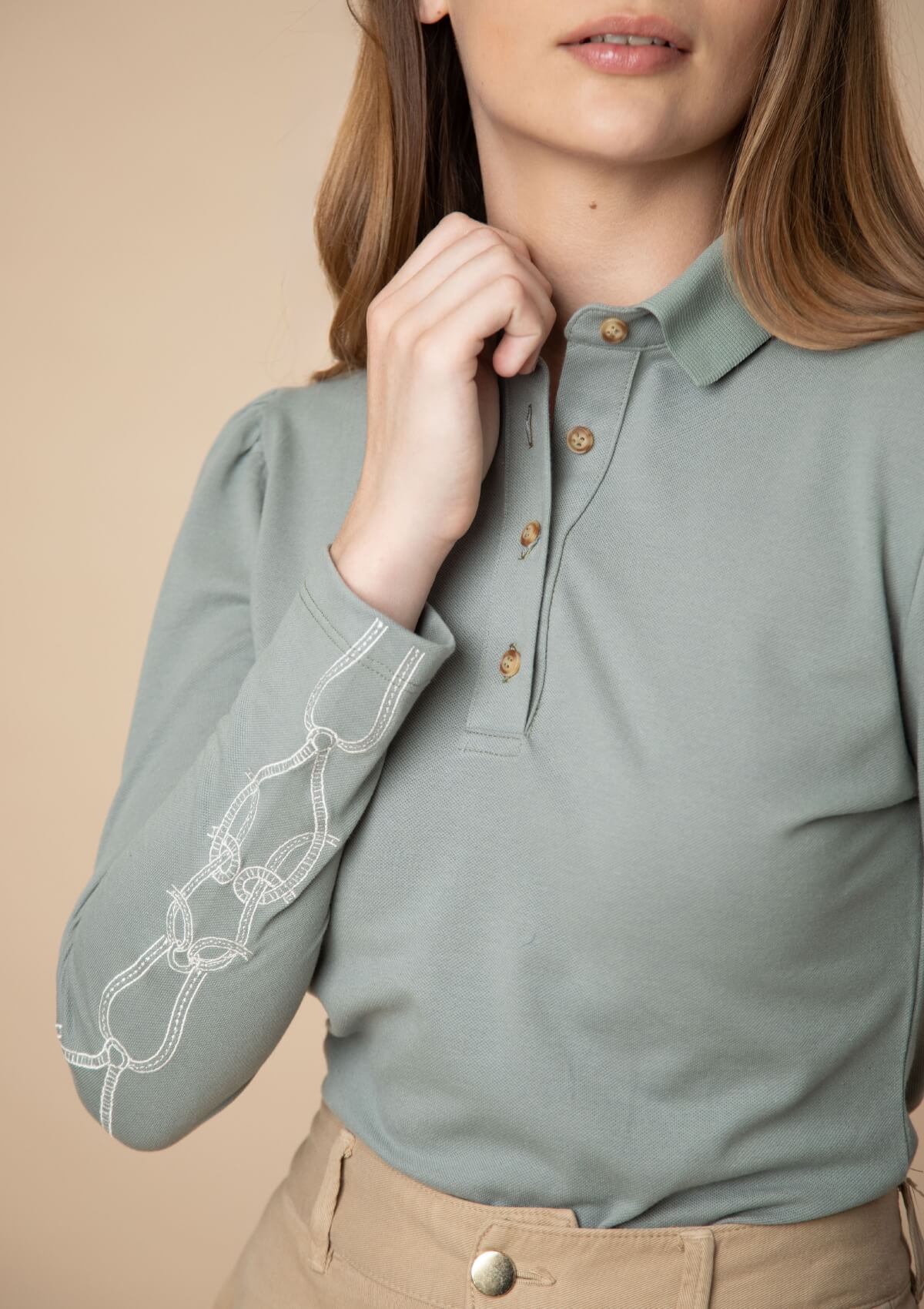 Elise Polo-Shirt | Long Sleeves Embroidered | Sage