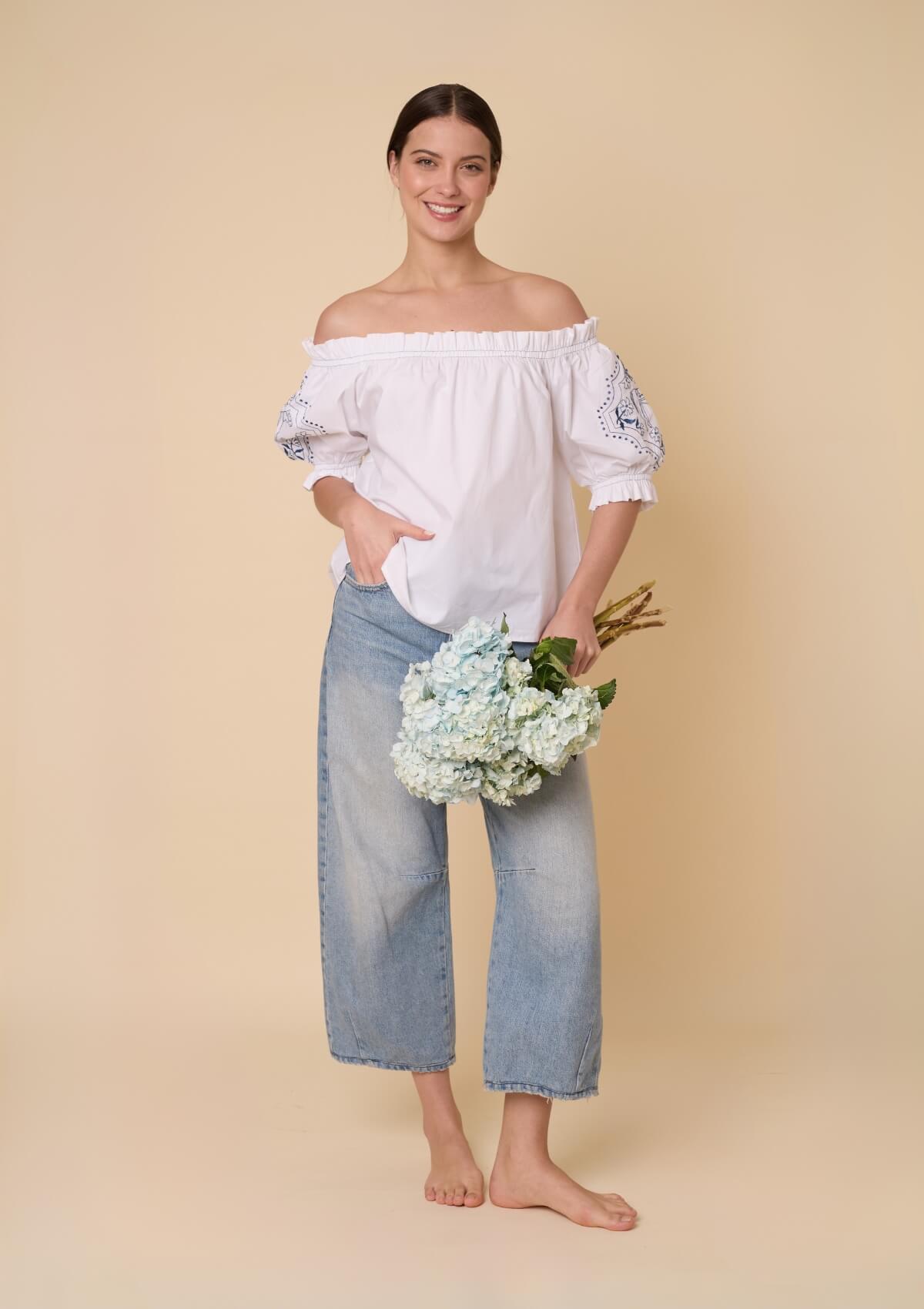 Clarisse Embroidered Off-Shoulder Shirt | White