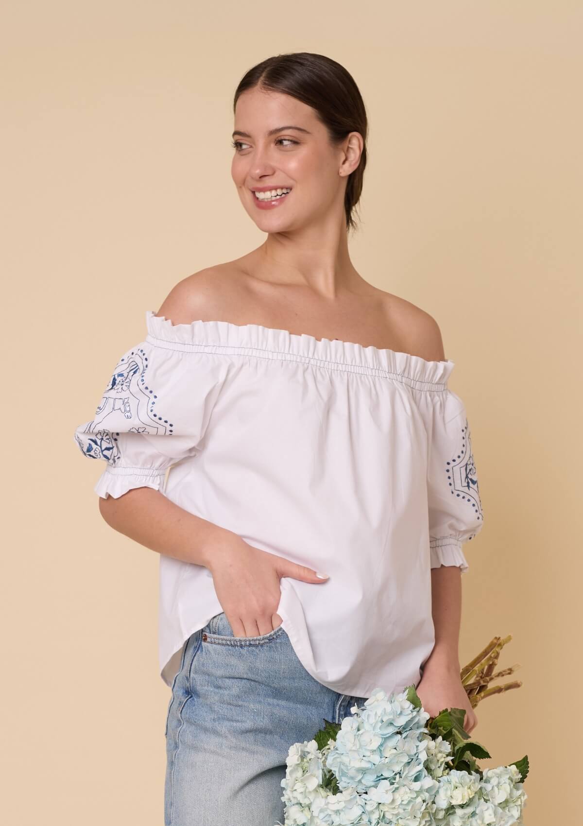 Clarisse Embroidered Off-Shoulder Shirt | White