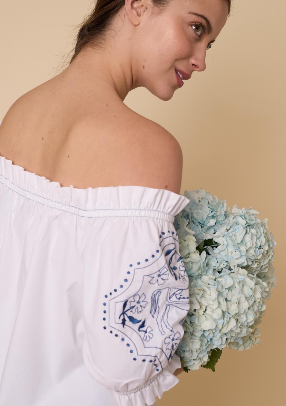 Clarisse Embroidered Off-Shoulder Shirt | White