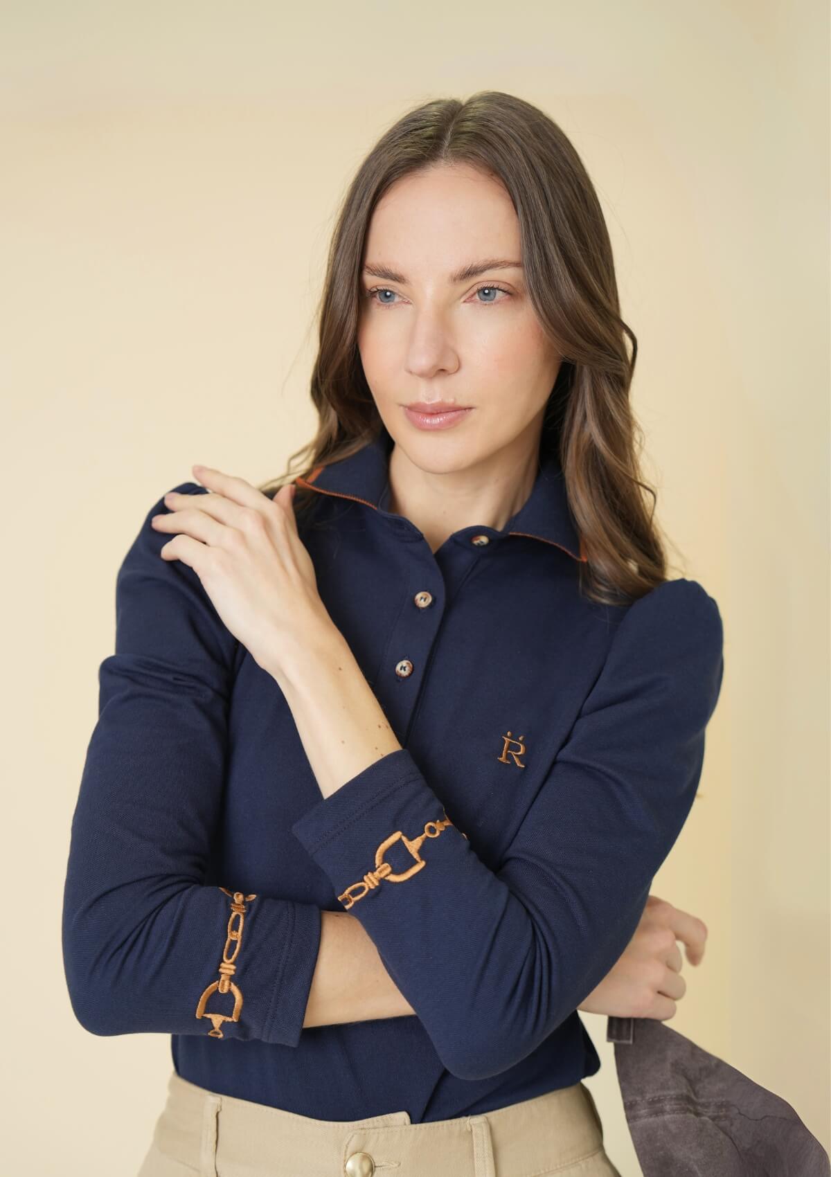 The Equestrian Polo-Shirt | Long Sleeve | Navy & Cognac