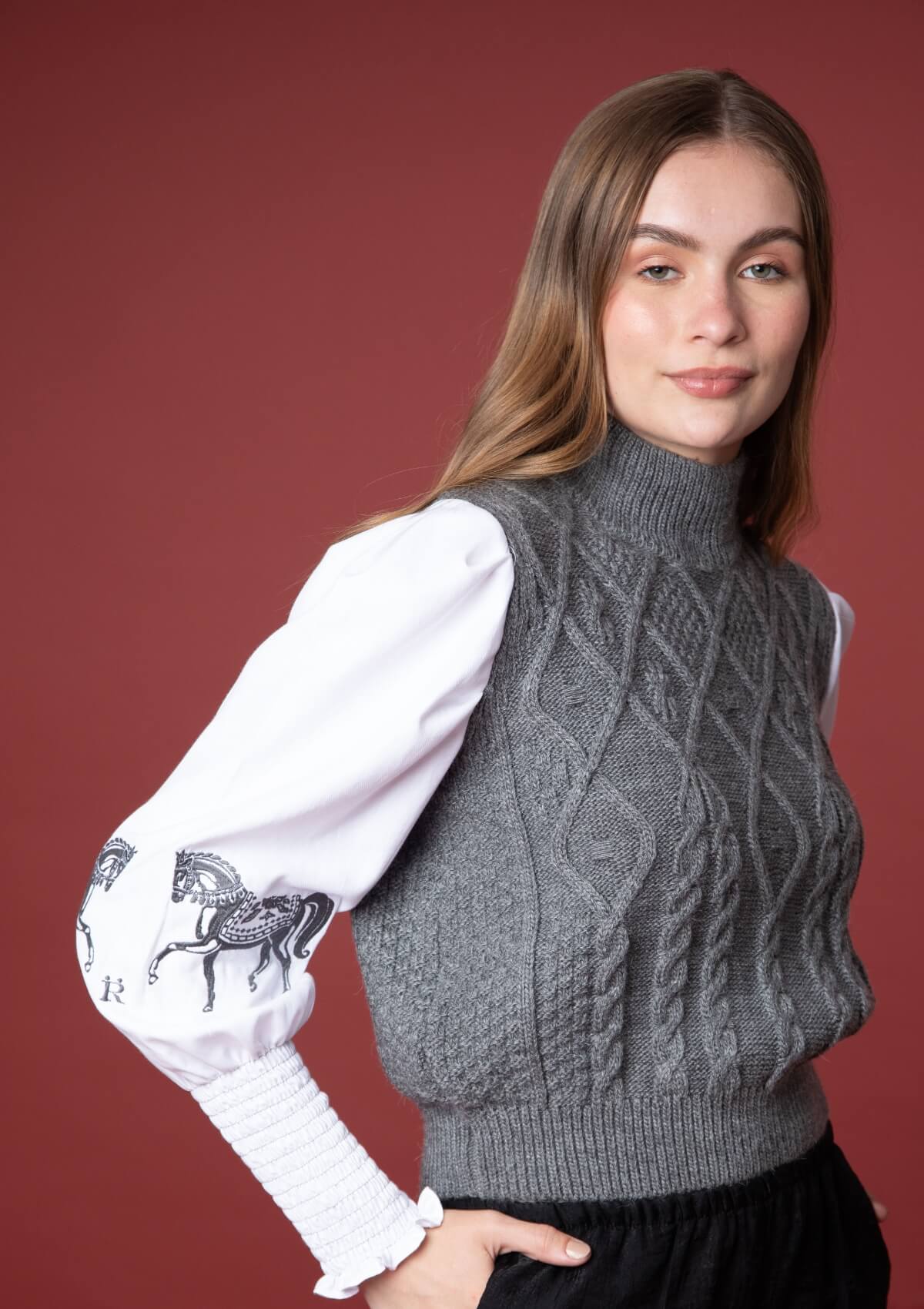 Ellie Cable Knit Sweater | Embroidered | Gray