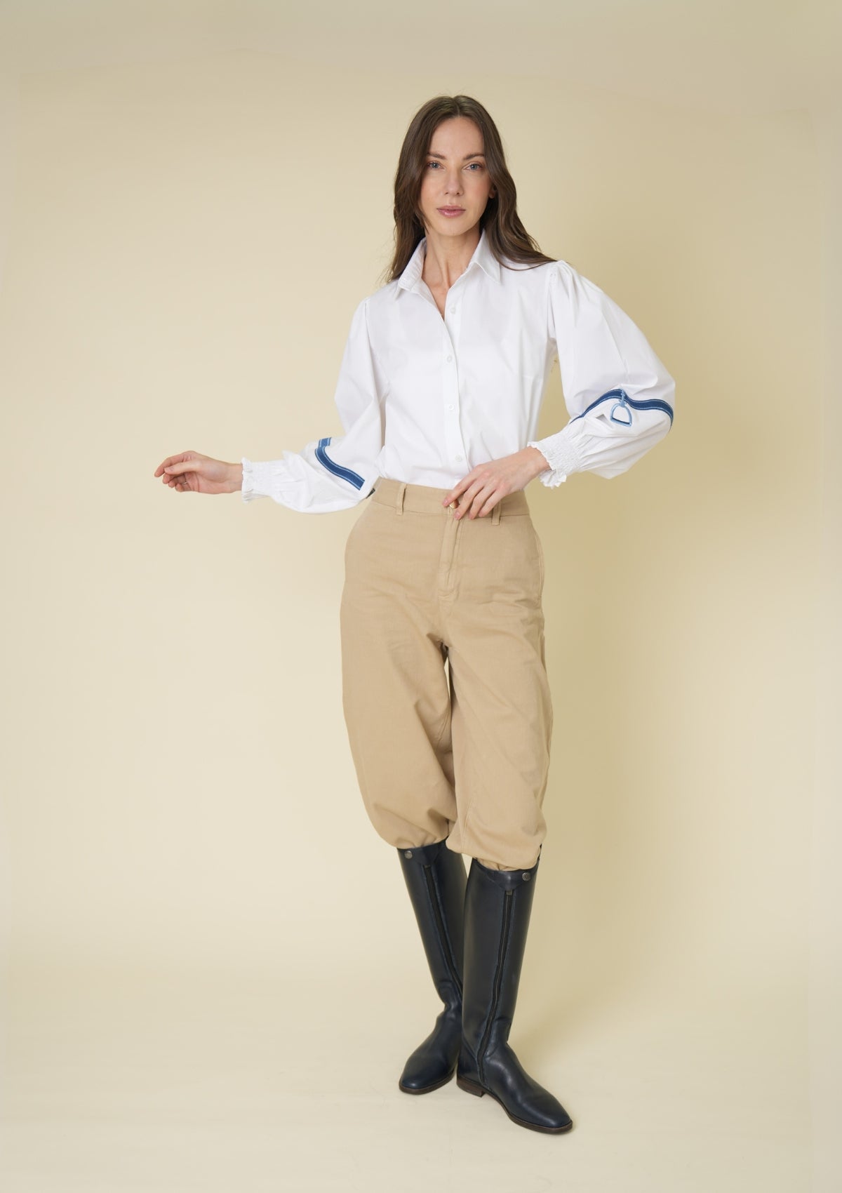 Connie Shirt | White | Embroidered Blue Stirrup