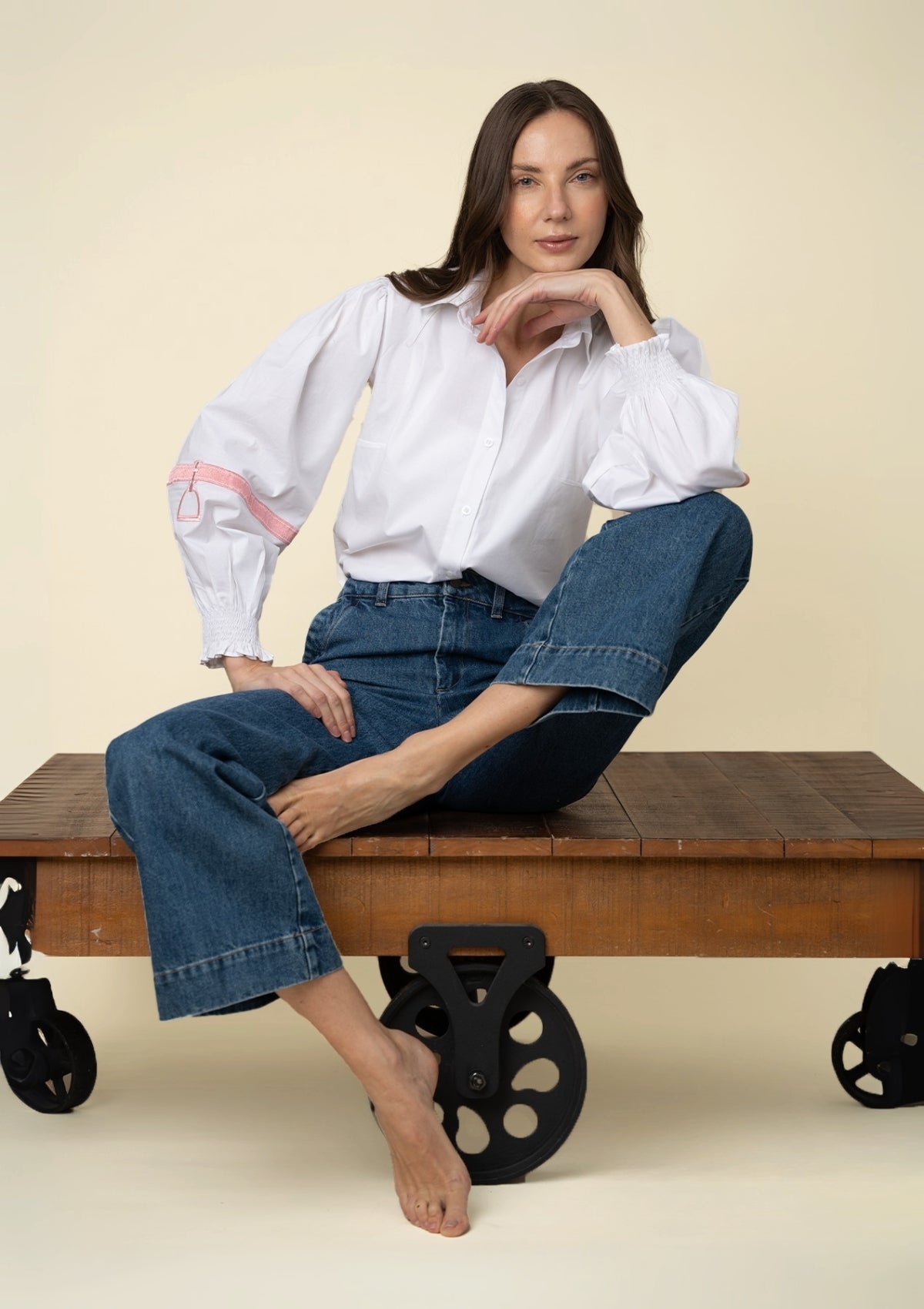 Connie Shirt  | White | Embroidered Rosé Stirrup