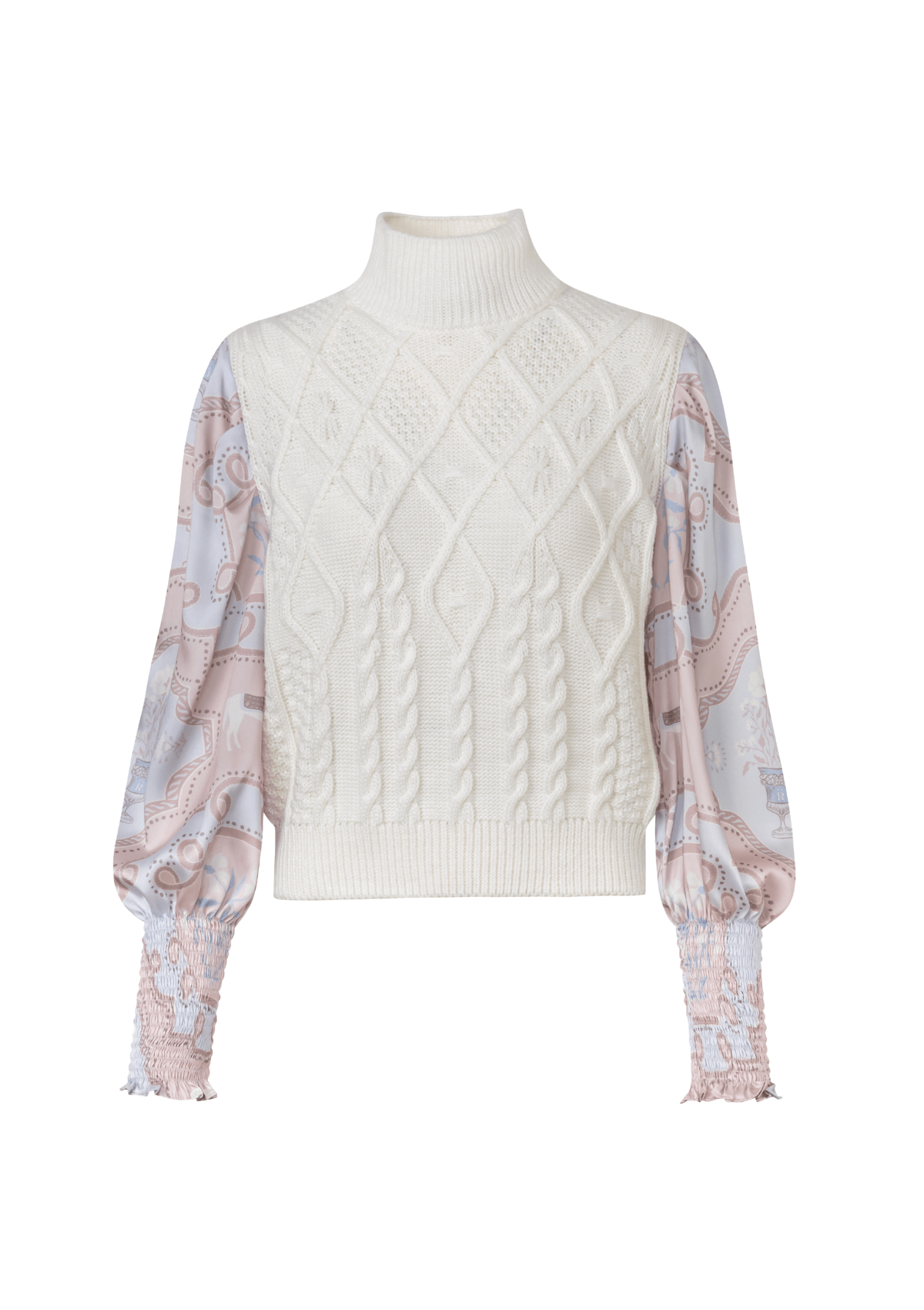 Ellie Cable Knit Sweater with Printed Sleeves | White