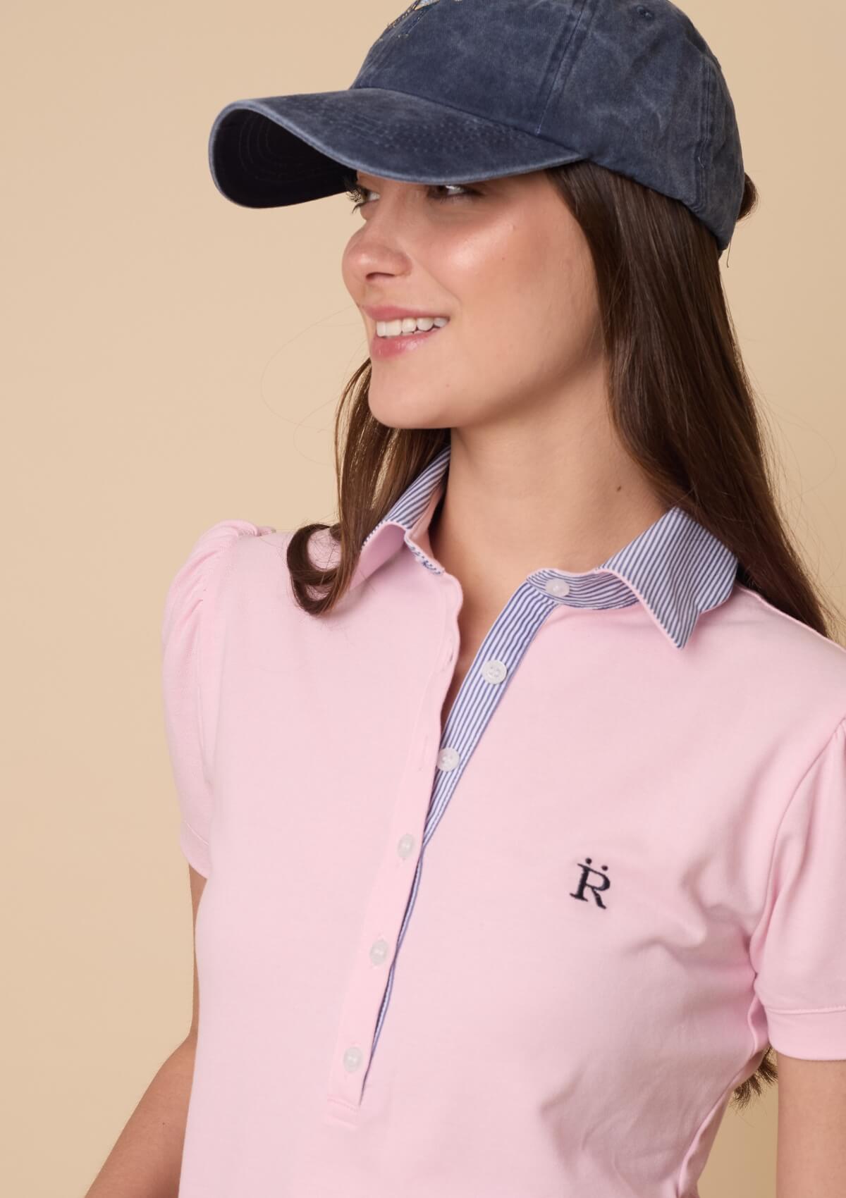 Acasia Polo-Shirt | Short Sleeve | Light Pink with Blue & White Pinstripes