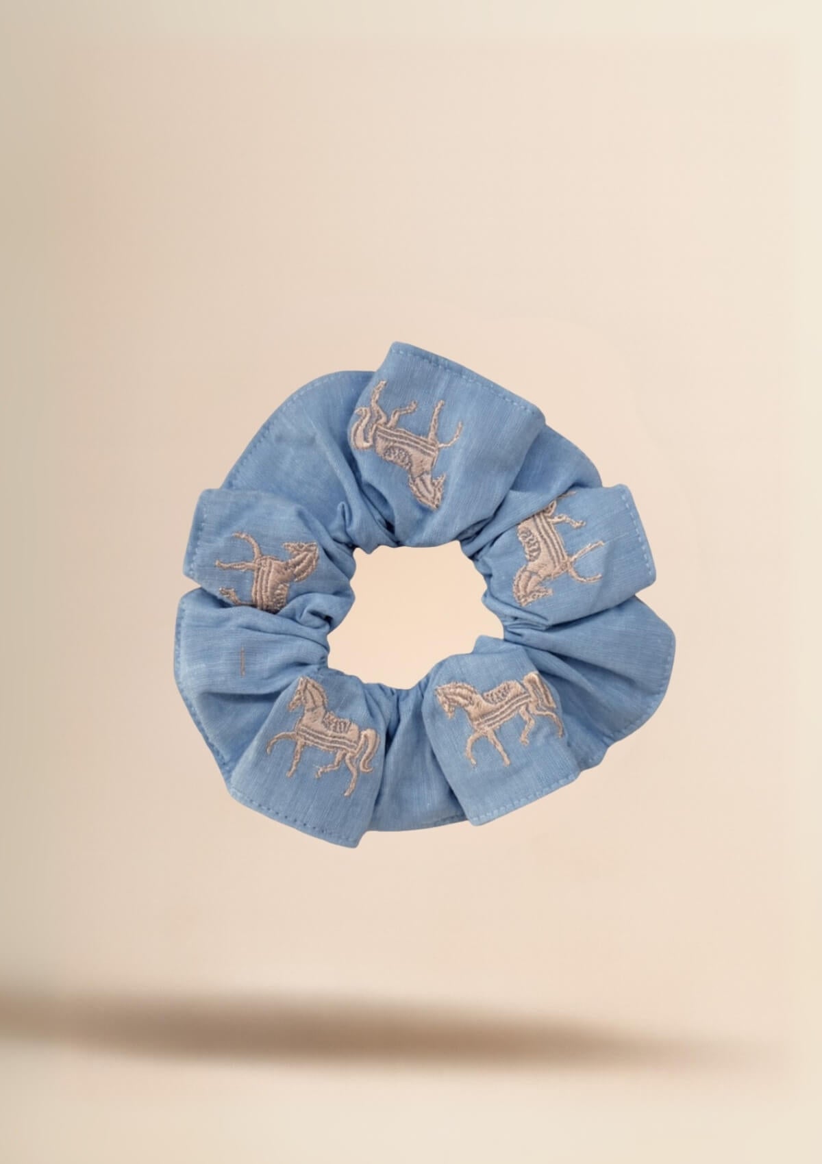 Cotton Embroidered Hair Scrunchie | Light Blue & Pink