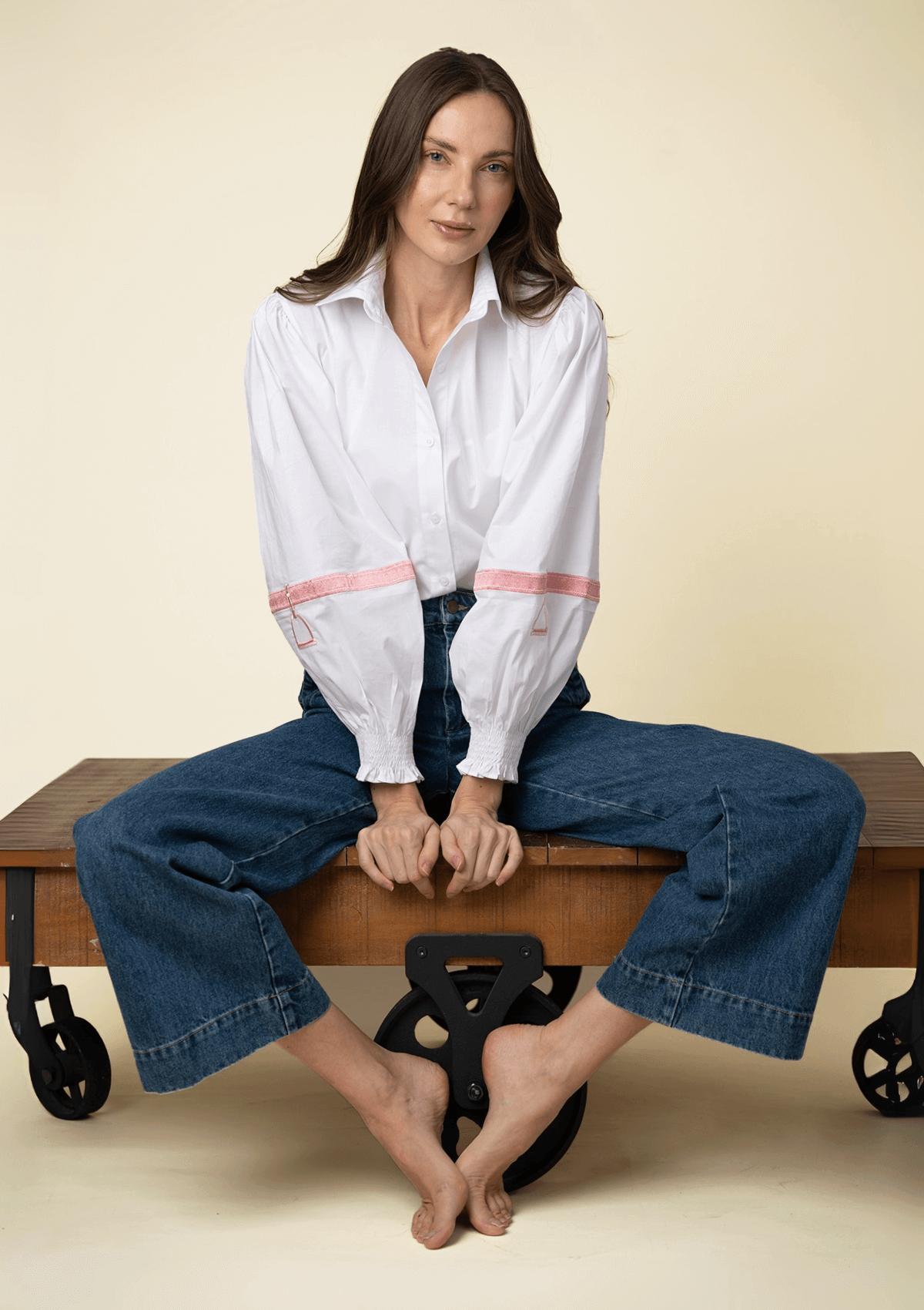 Connie Shirt  | White | Embroidered Rosé Stirrup