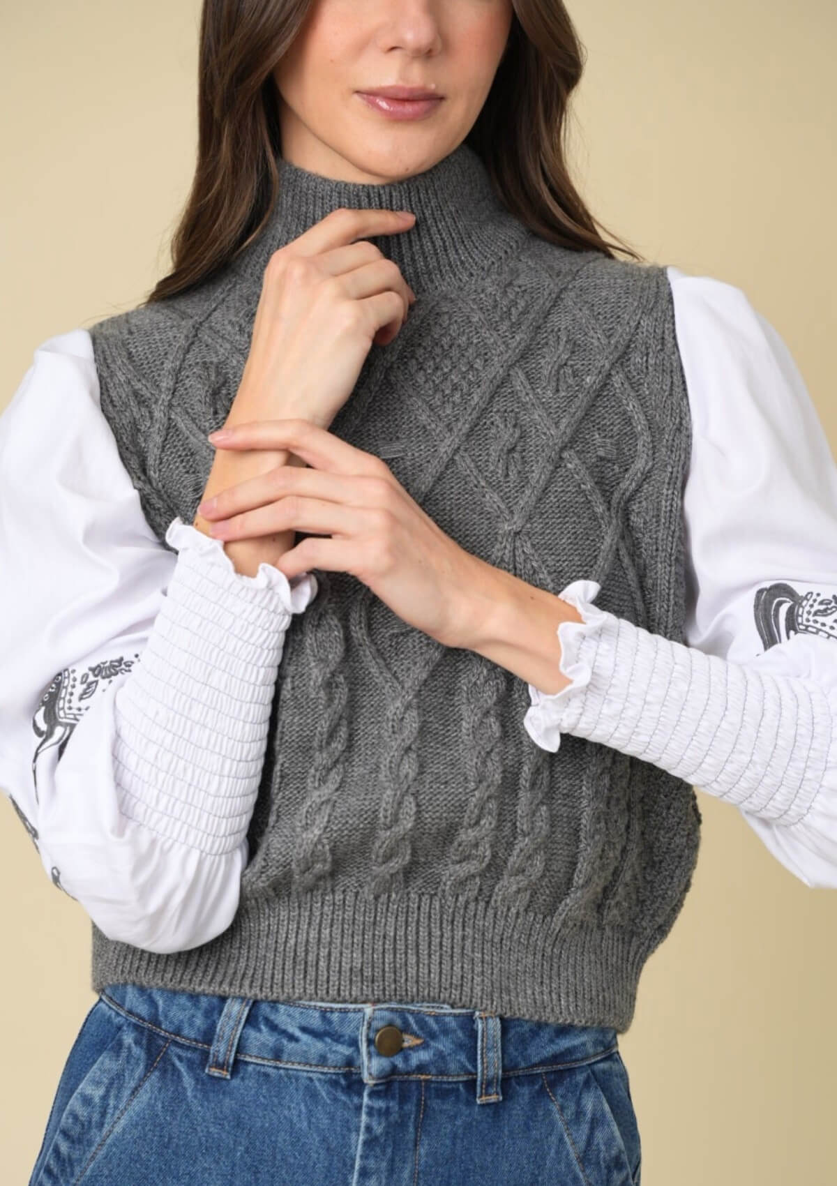 Ellie Cable Knit Sweater | Embroidered | Gray