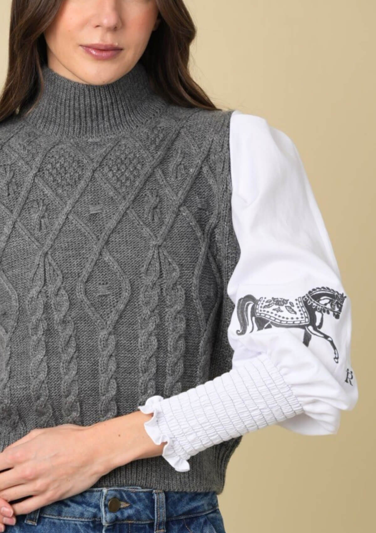 Ellie Cable Knit Sweater | Embroidered | Gray