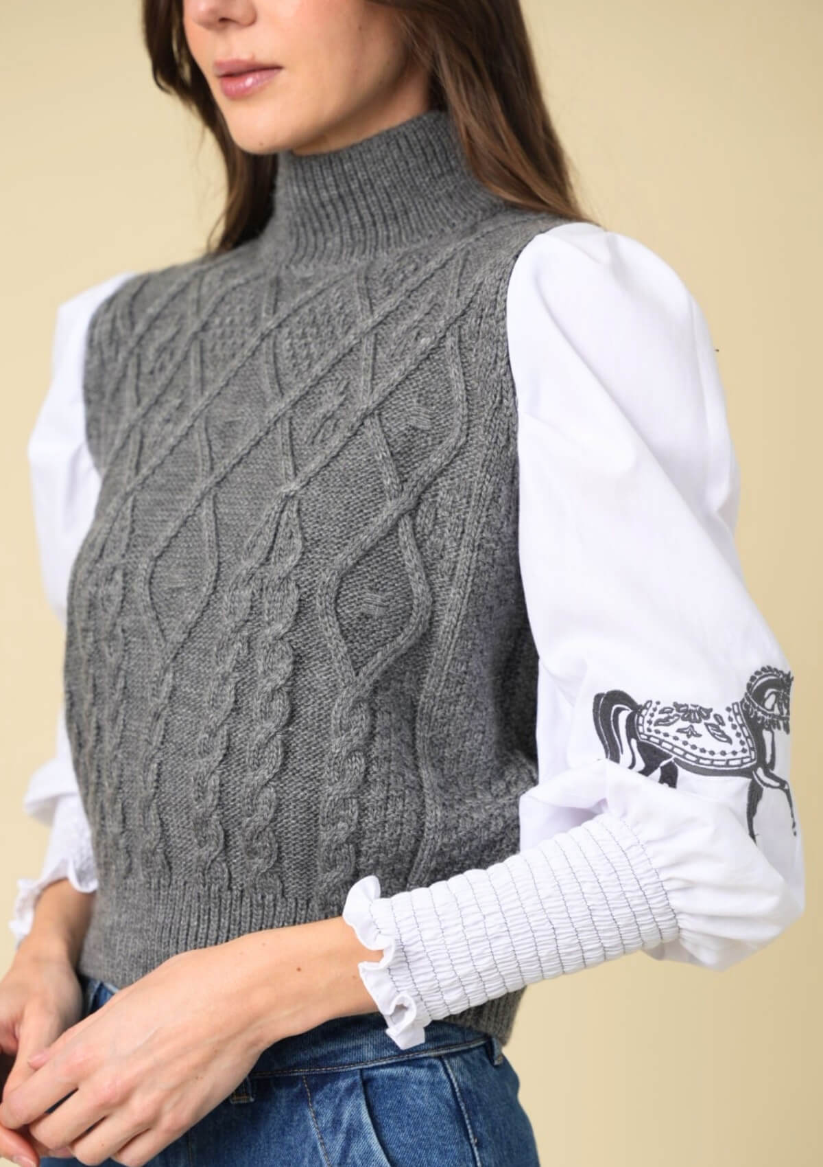Ellie Cable Knit Sweater | Embroidered | Gray