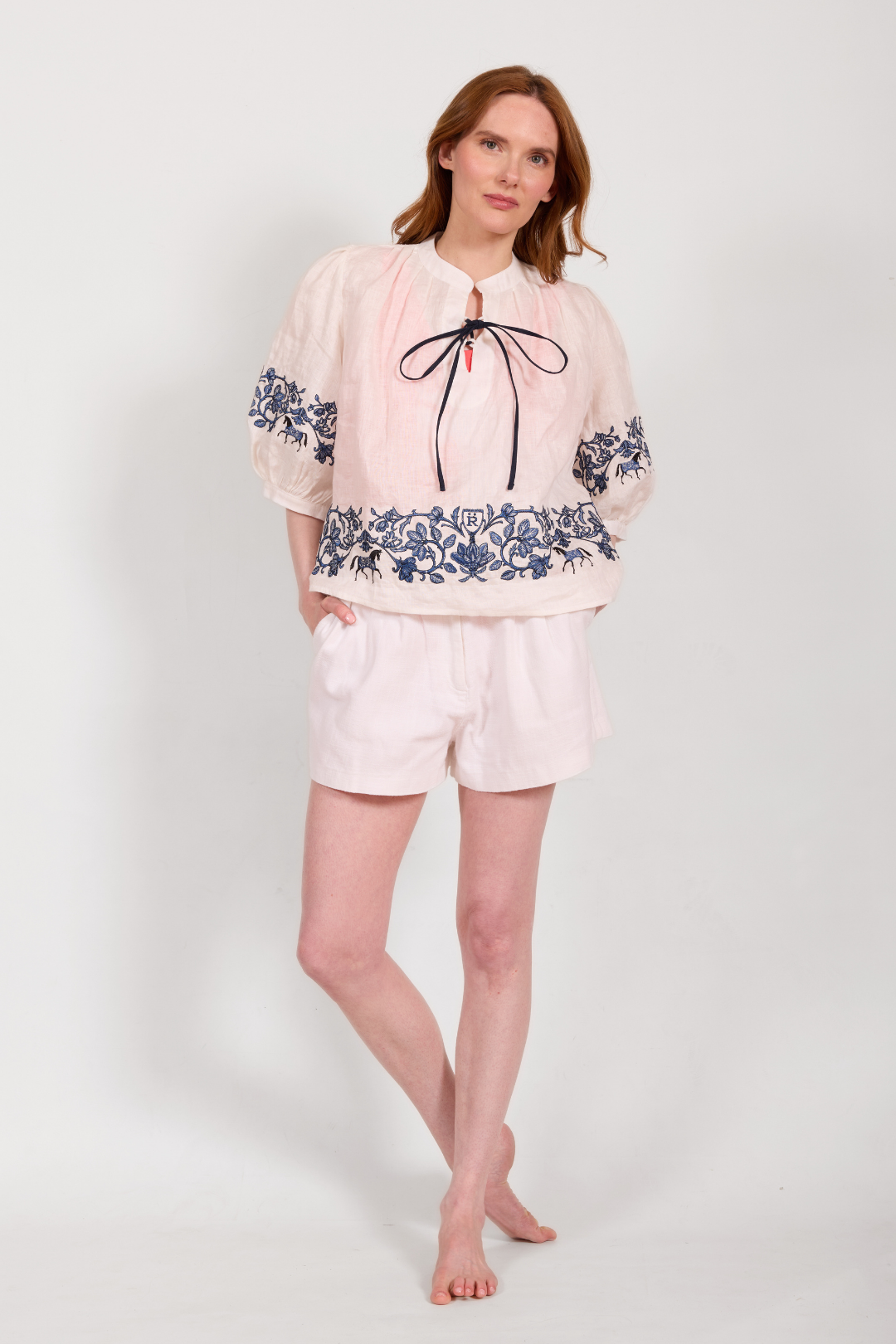 Florale Embroidered Linen Blouse | White