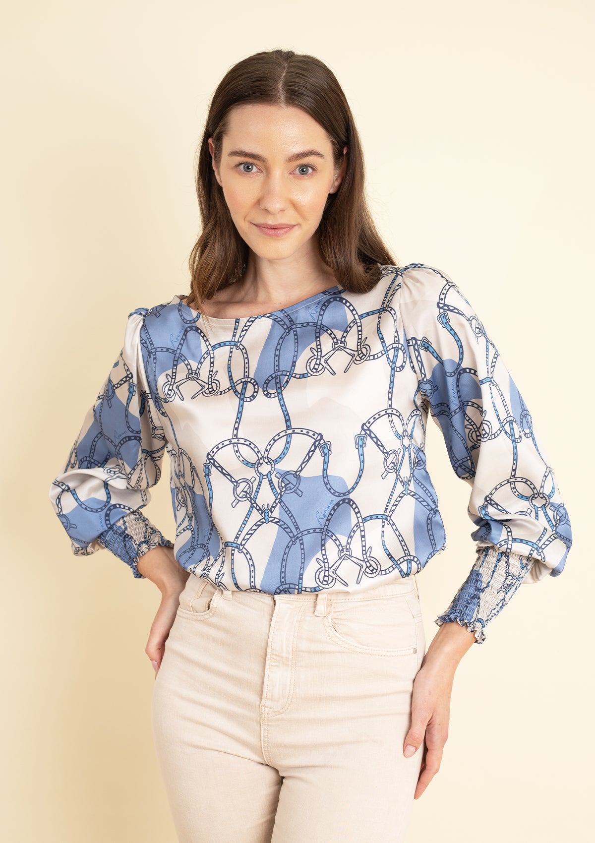 Abigail Blouse | Saddlery Print | Light Blue & Cream - Rönner