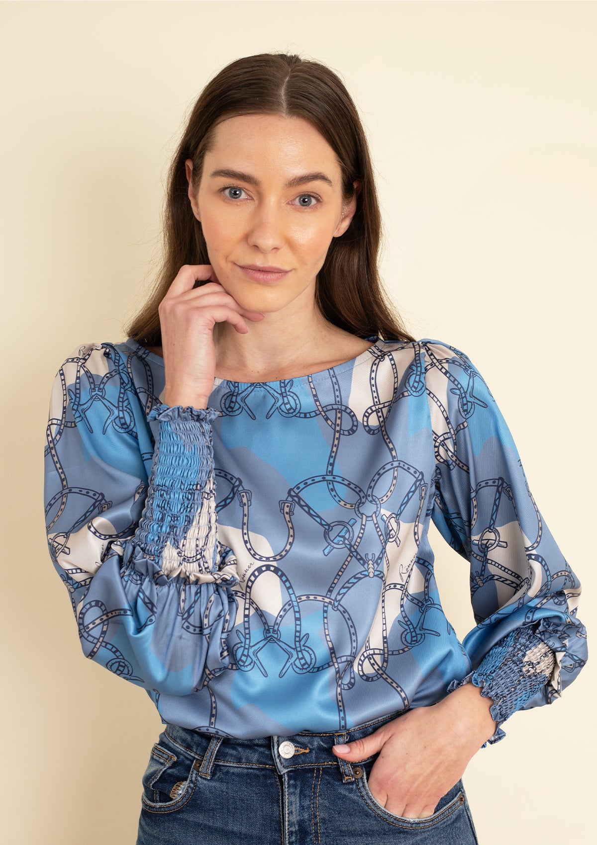 Abigail Blouse | Saddlery Print | Blue & Beige - Rönner