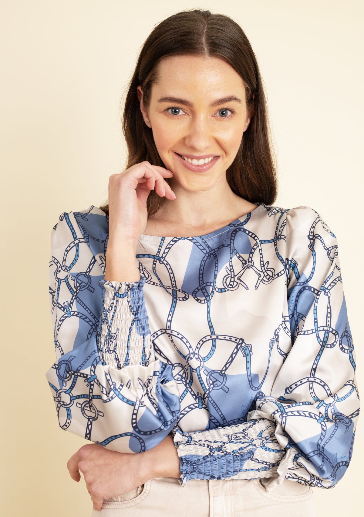 Abigail Blouse | Saddlery Print | Light Blue & Cream - Rönner