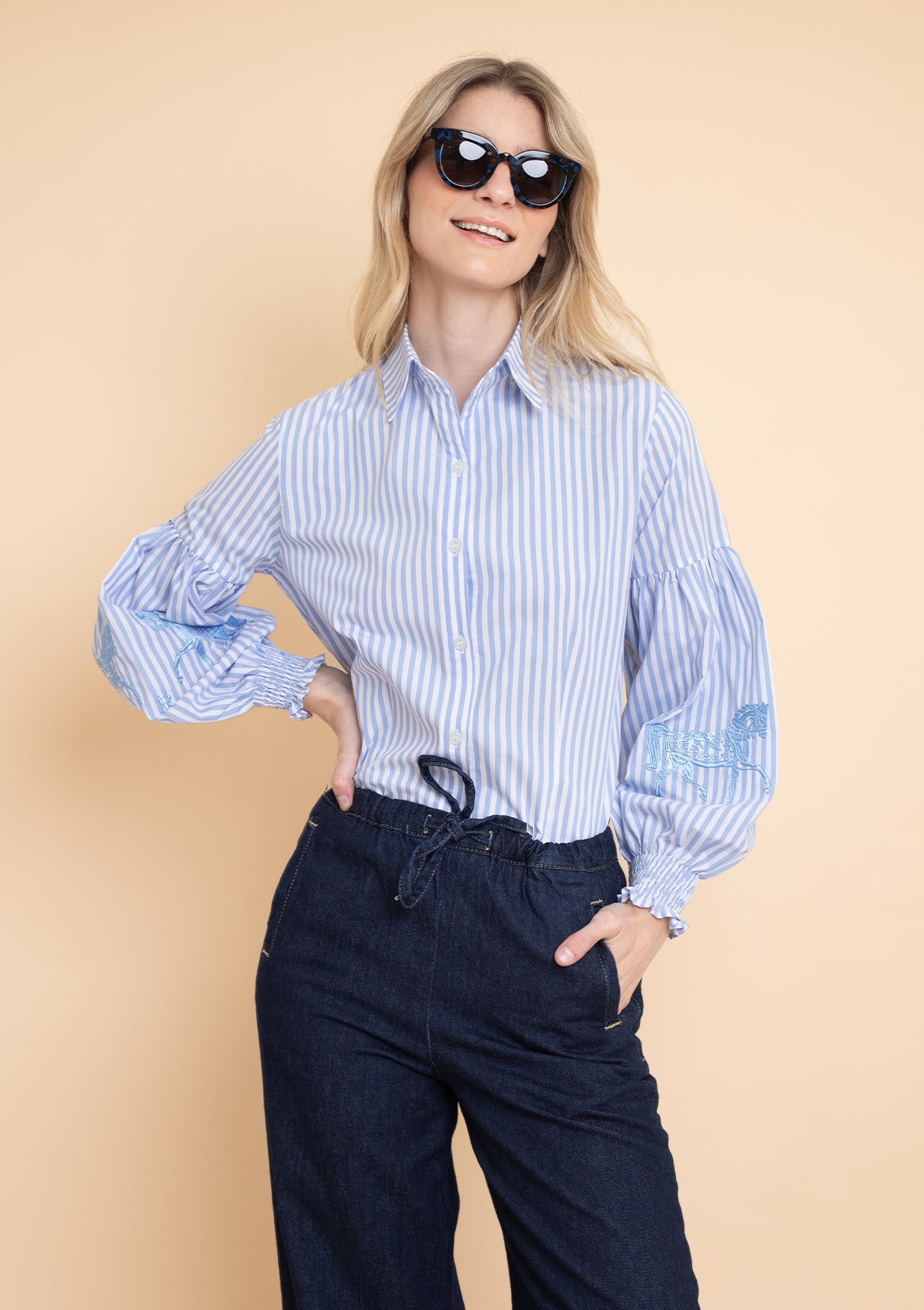 Annie Shirt Embroidered Pinstriped | Blue