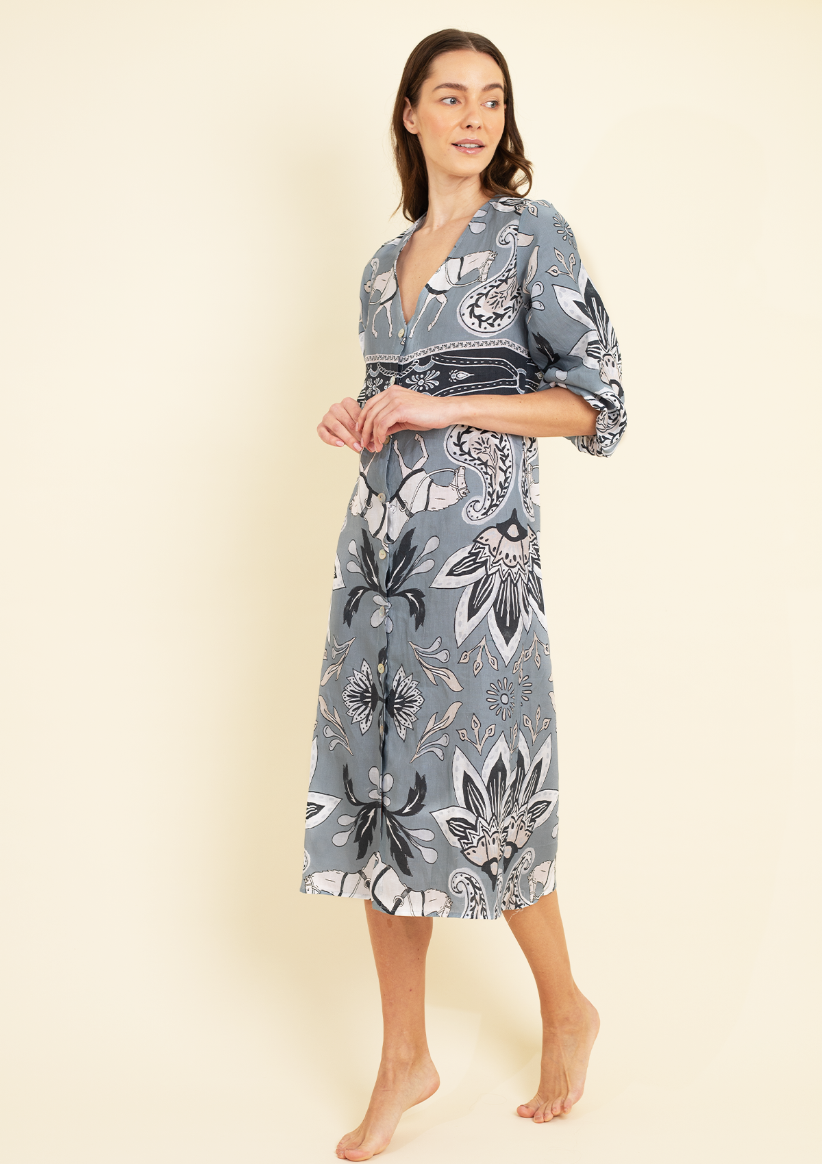 Charlotte Linen Dress | Lilyrose Print | French Grey - Rönner