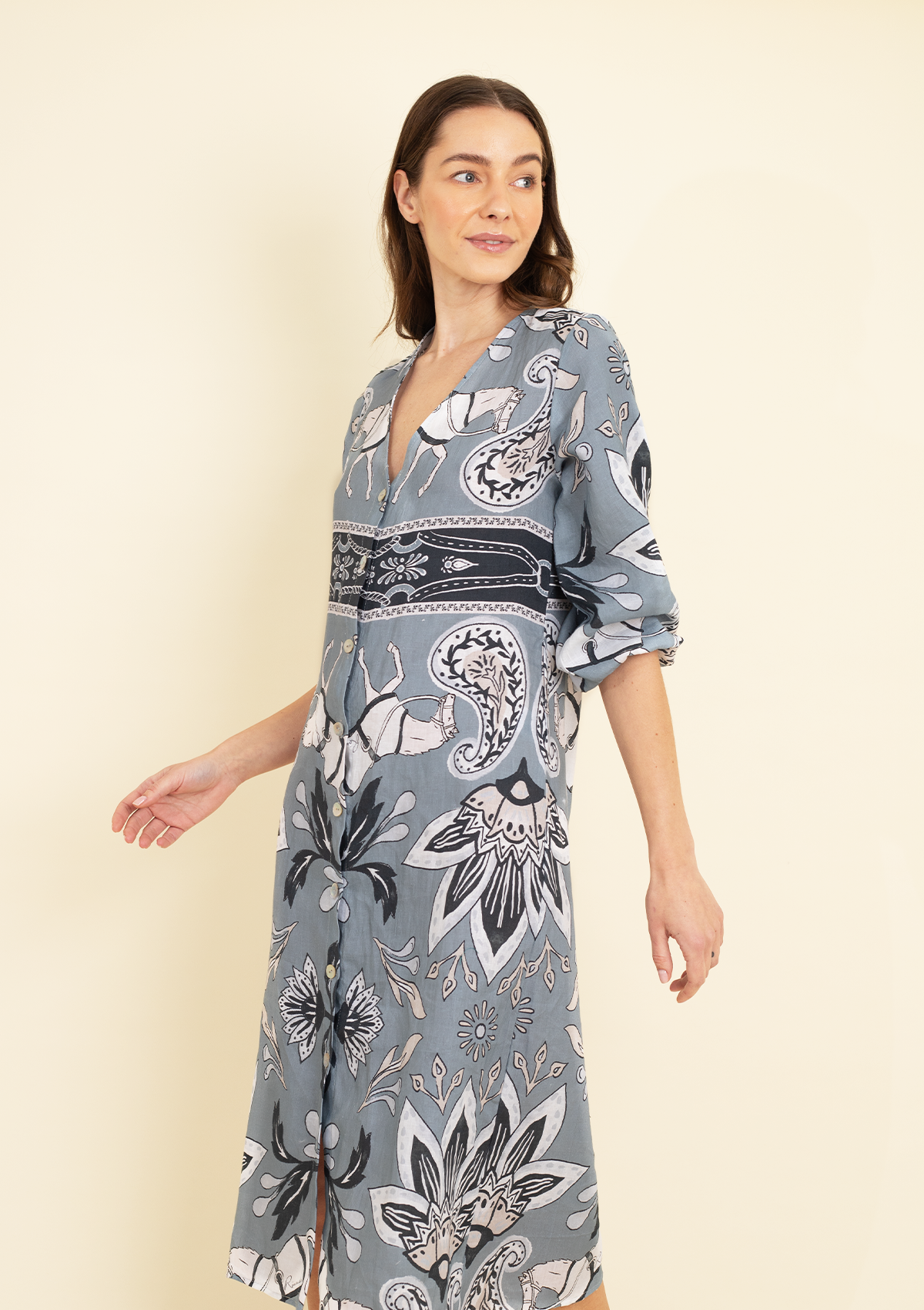 Charlotte Linen Dress | Lilyrose Print | French Grey - Rönner