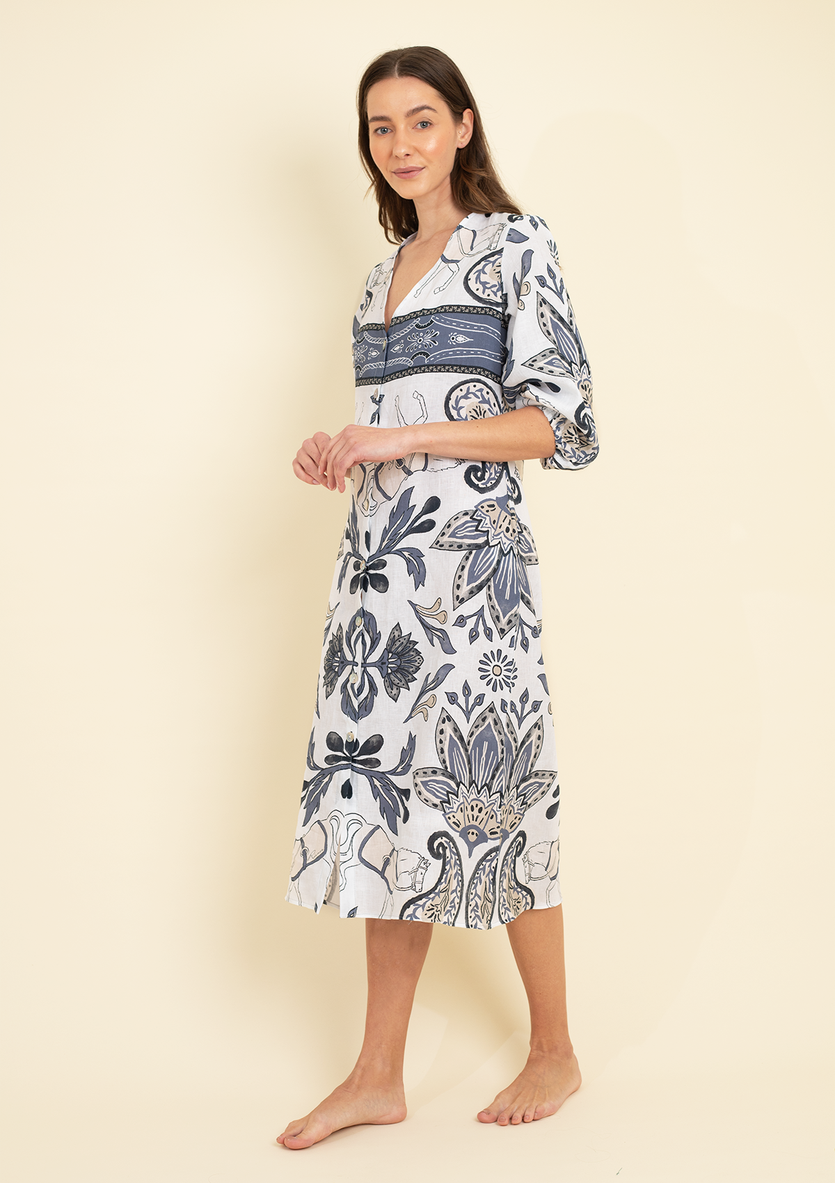 Charlotte Linen Dress | White & Navy