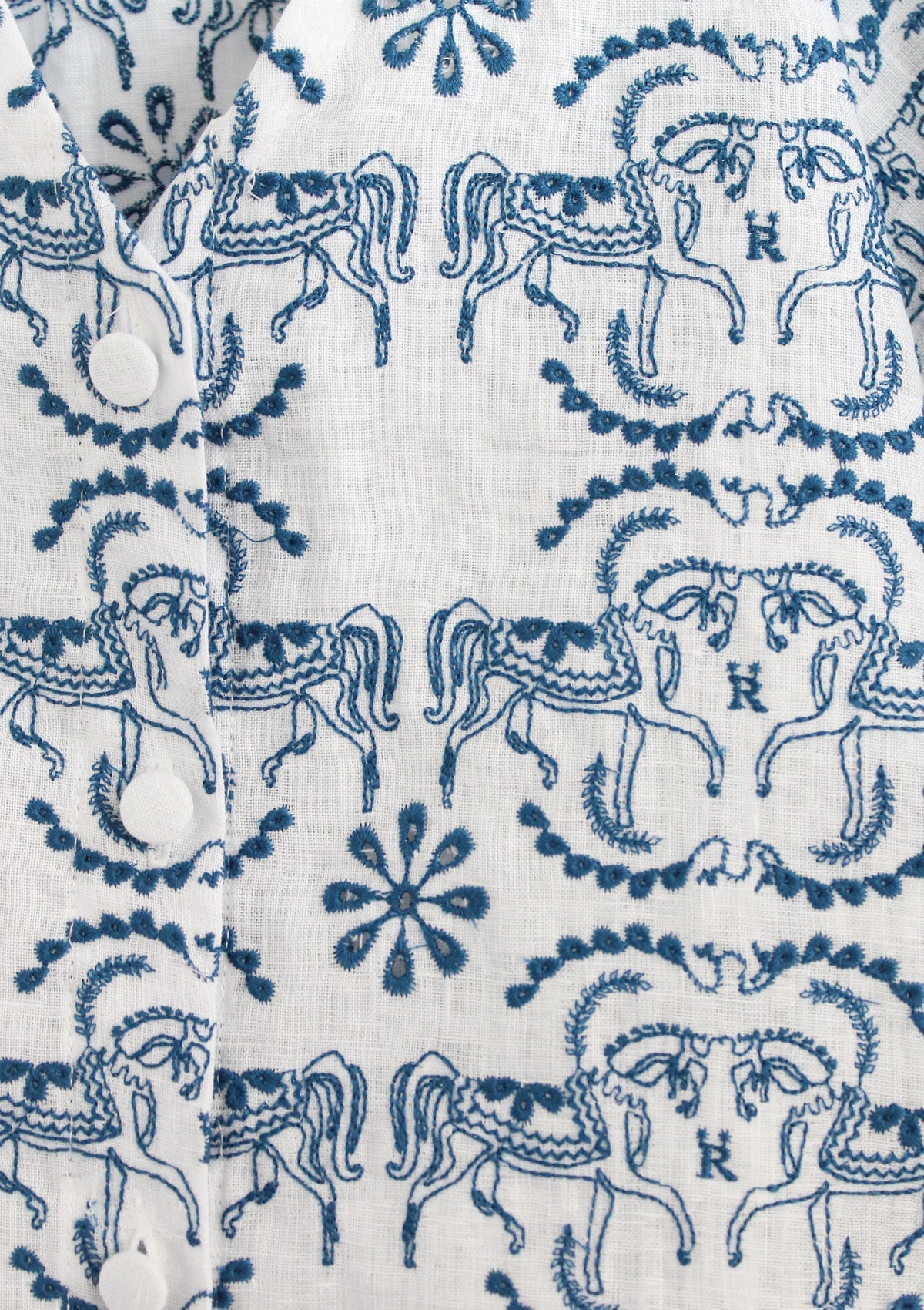 Alma Linen Blouse | Embroidered | White & Blue