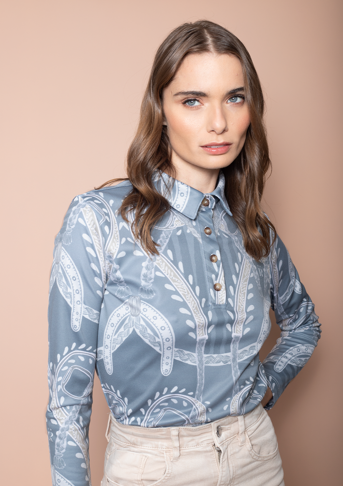 Harmony Polo-Shirt Long Sleeve Hoofprint Print | Ashen