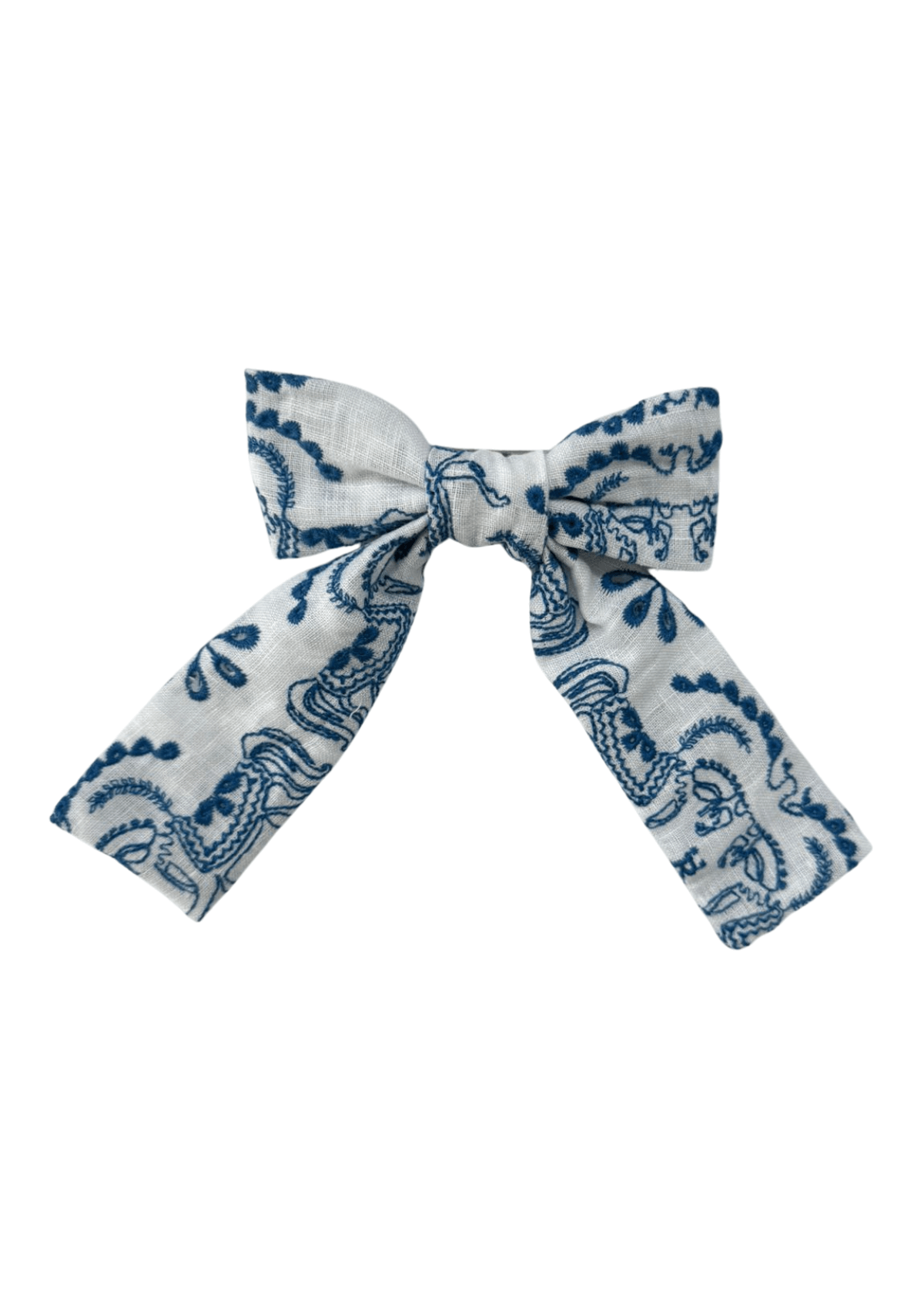 Embroidered Linen Bow Hair Tie | White & Blue Horses