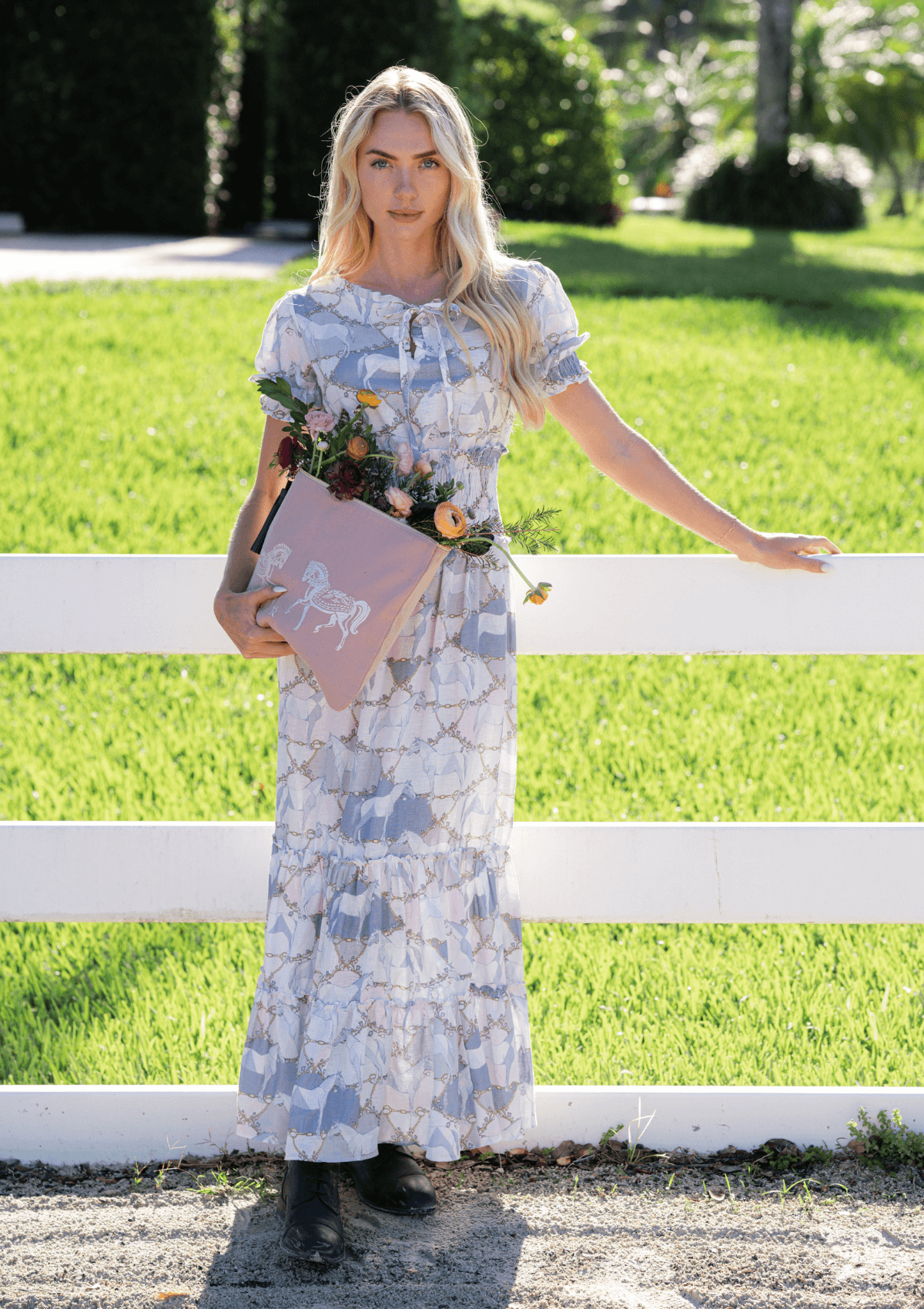 Amelie Linen Long Dress | Geo Horses Print | Pastel