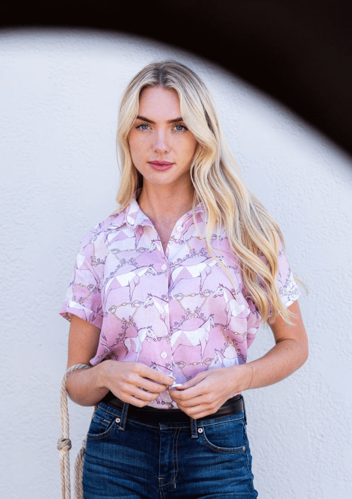 Basic Linen Shirt | Short Sleeve | Geo Horses Print | Rose