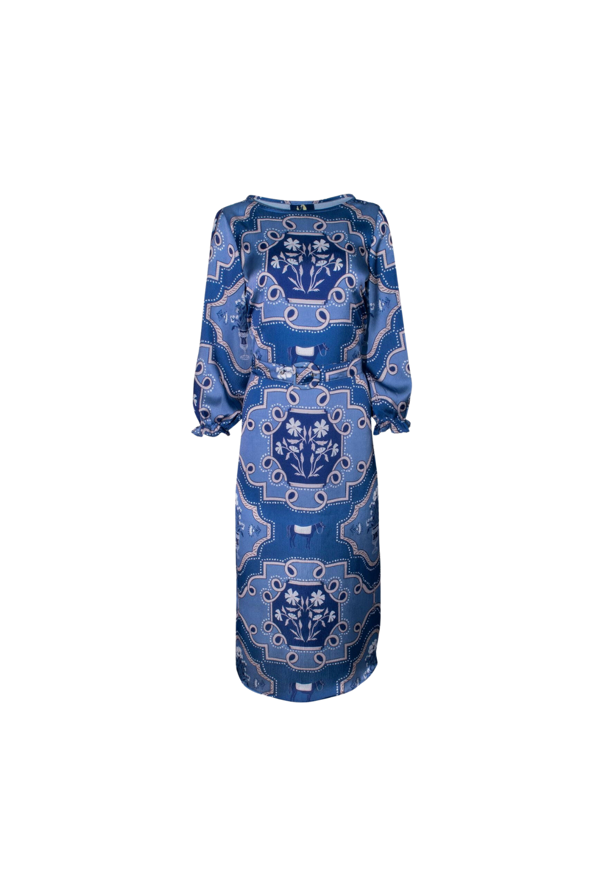 Blue patterned dress on a white background