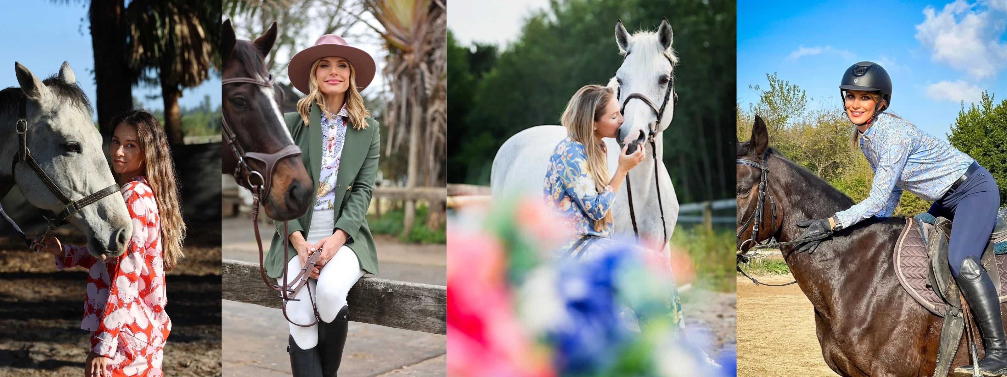 Collage of four images featuring people with horses in various settings.