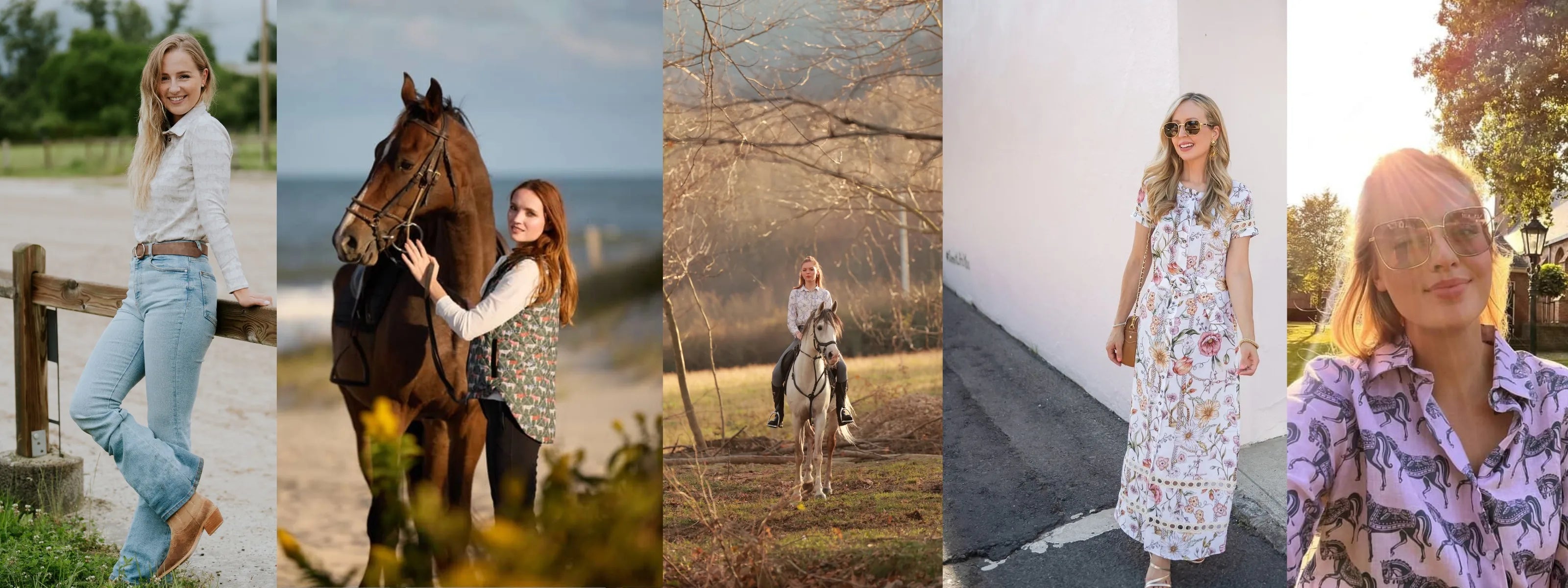Collage of a woman in various settings with a horse.