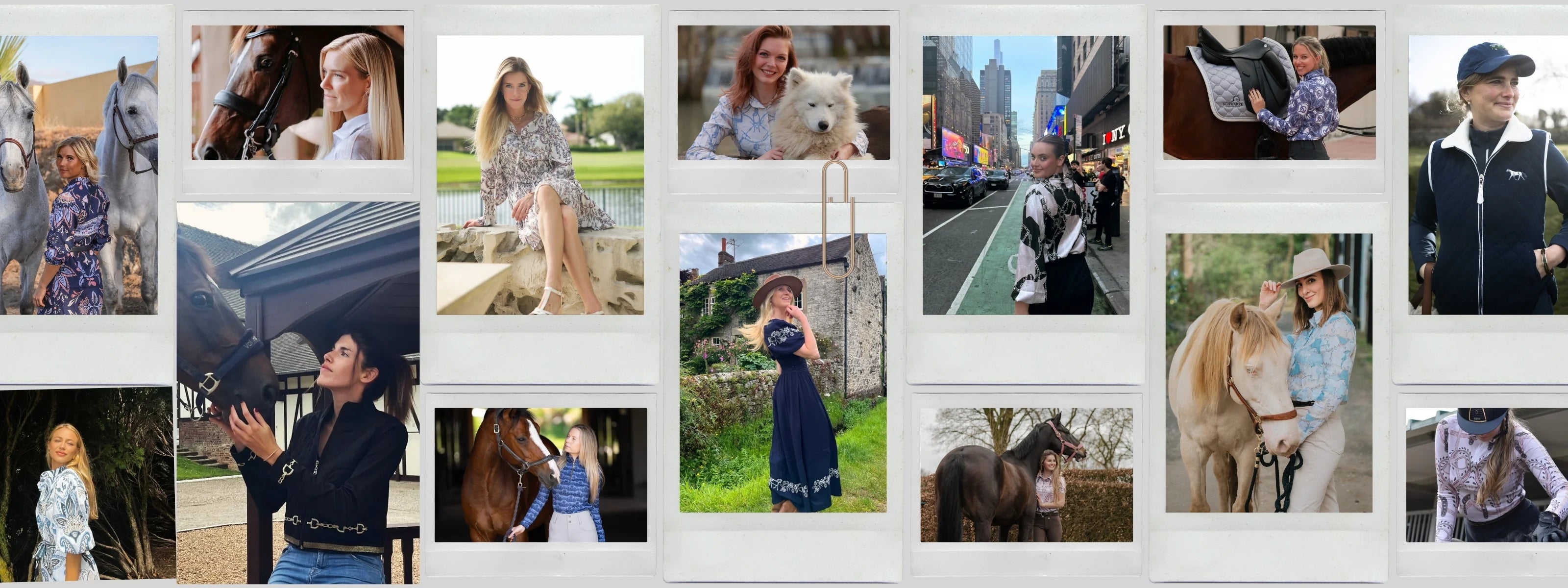 Collage of people with horses in various settings
