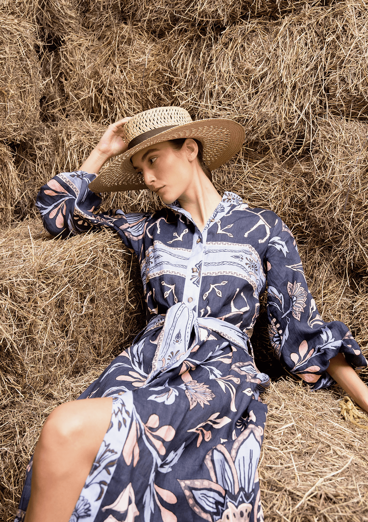 Penelope Linen Midi Dress | Lilyrose Print | Navy